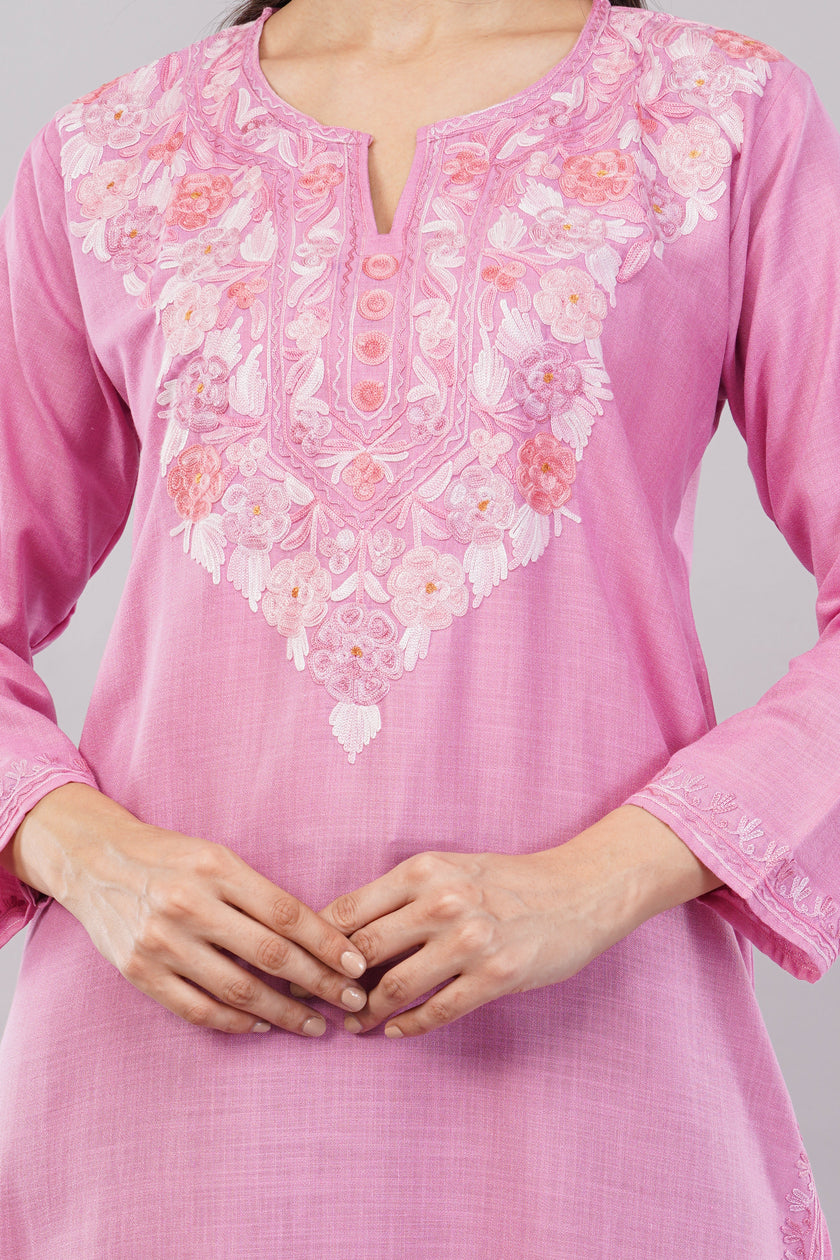 Blush Petal Kashmiri Kurta with Rosy Aari Embroidery