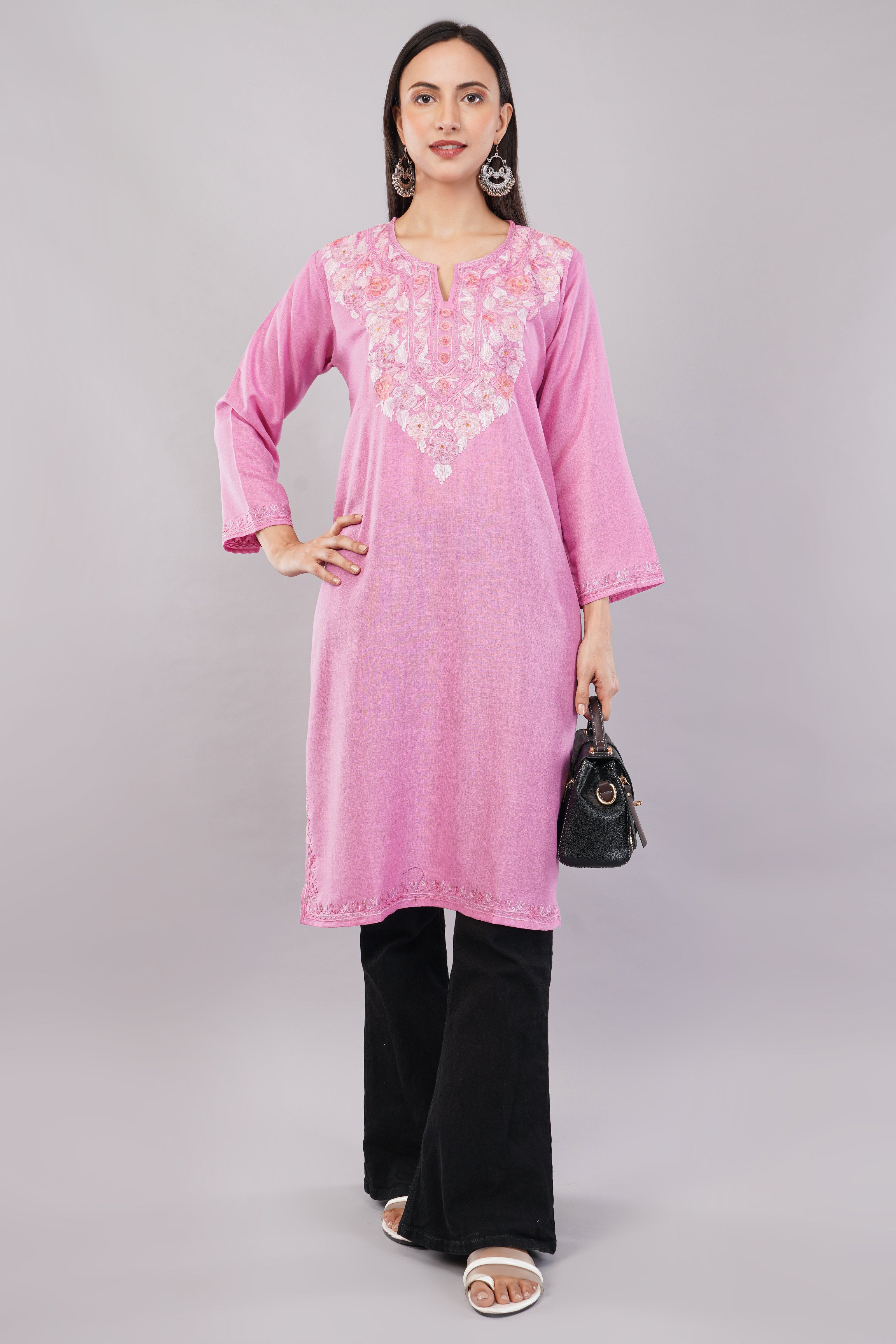 Blush Petal Kashmiri Kurta with Rosy Aari Embroidery