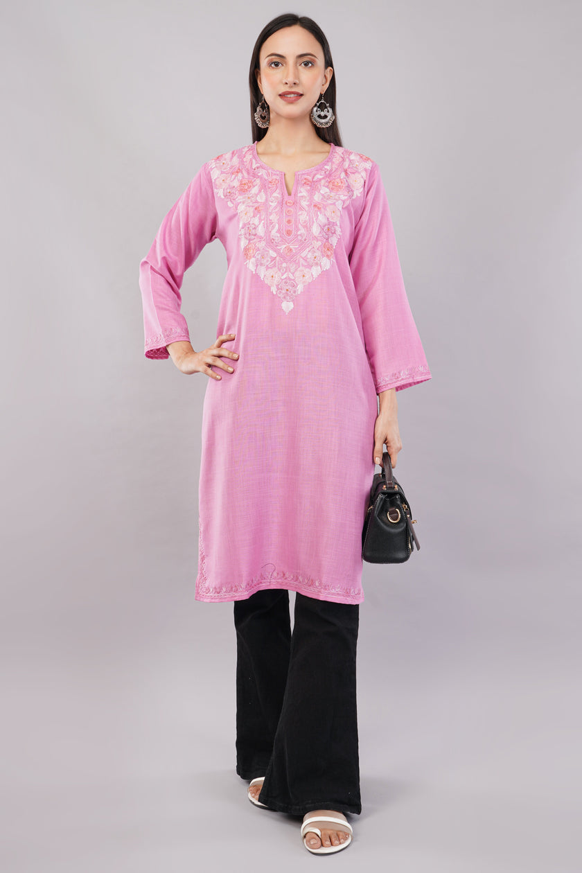 Blush Petal Kashmiri Kurta with Rosy Aari Embroidery