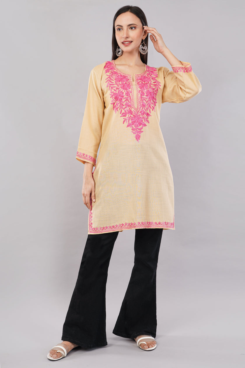 Meadow Pink Aari on Desert Sand Kashmiri Kurta