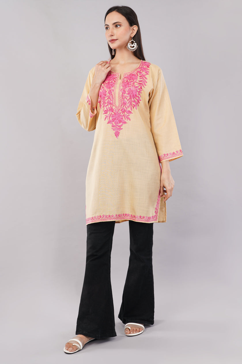 Meadow Pink Aari on Desert Sand Kashmiri Kurta