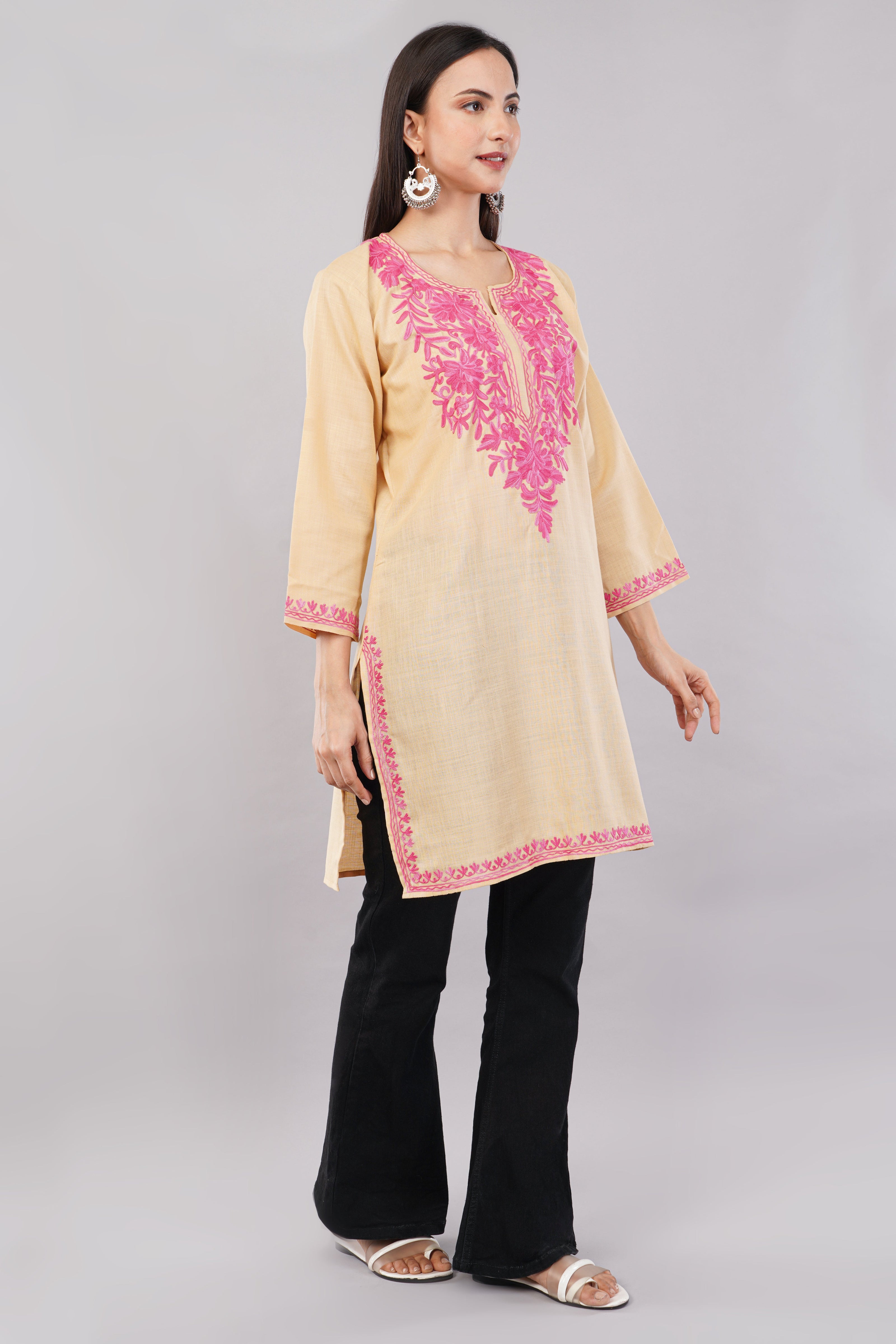 Meadow Pink Aari on Desert Sand Kashmiri Kurta
