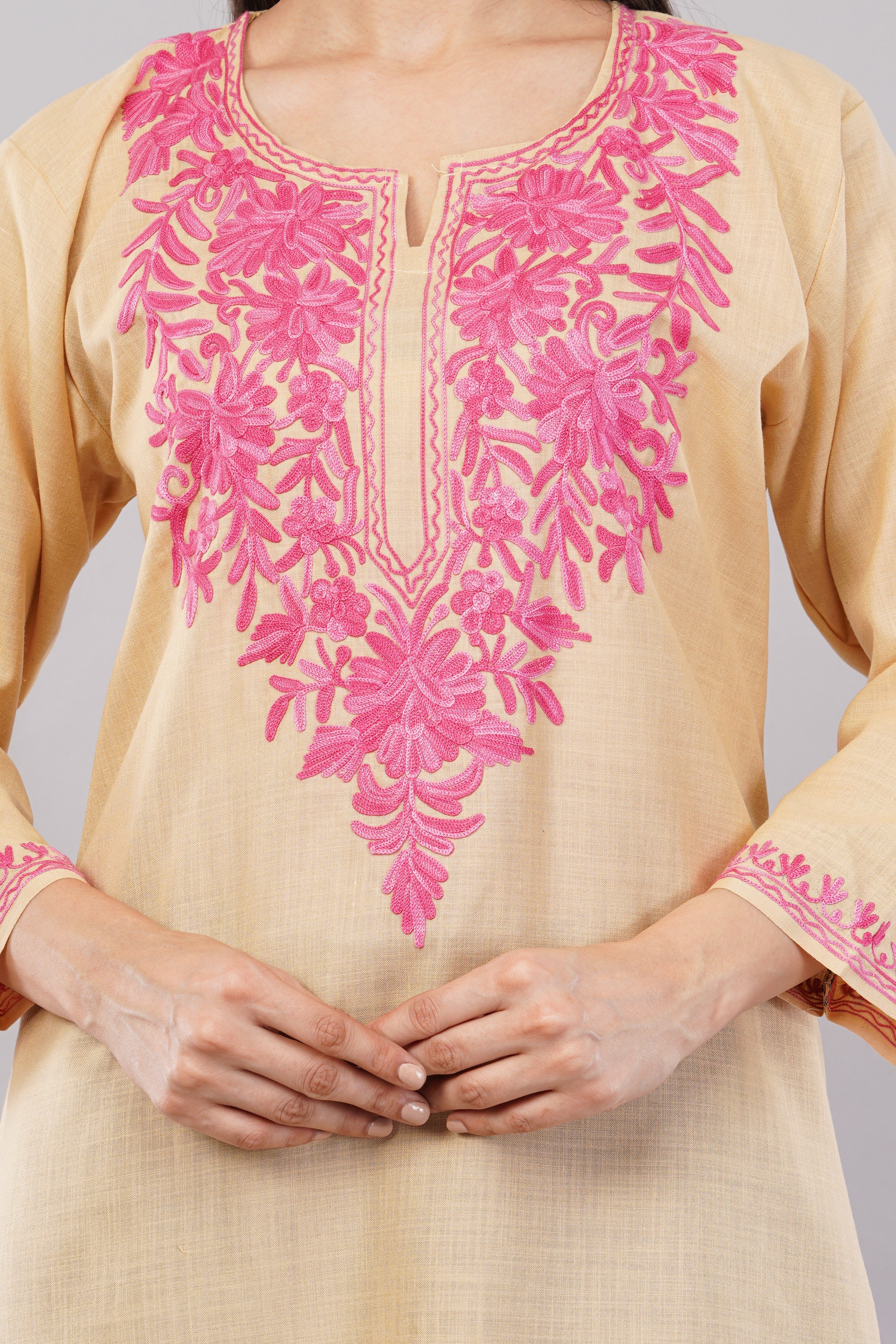 Meadow Pink Aari on Desert Sand Kashmiri Kurta