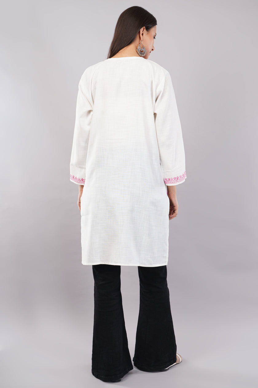 Pink Aari Blossom White Kashmiri Kurta