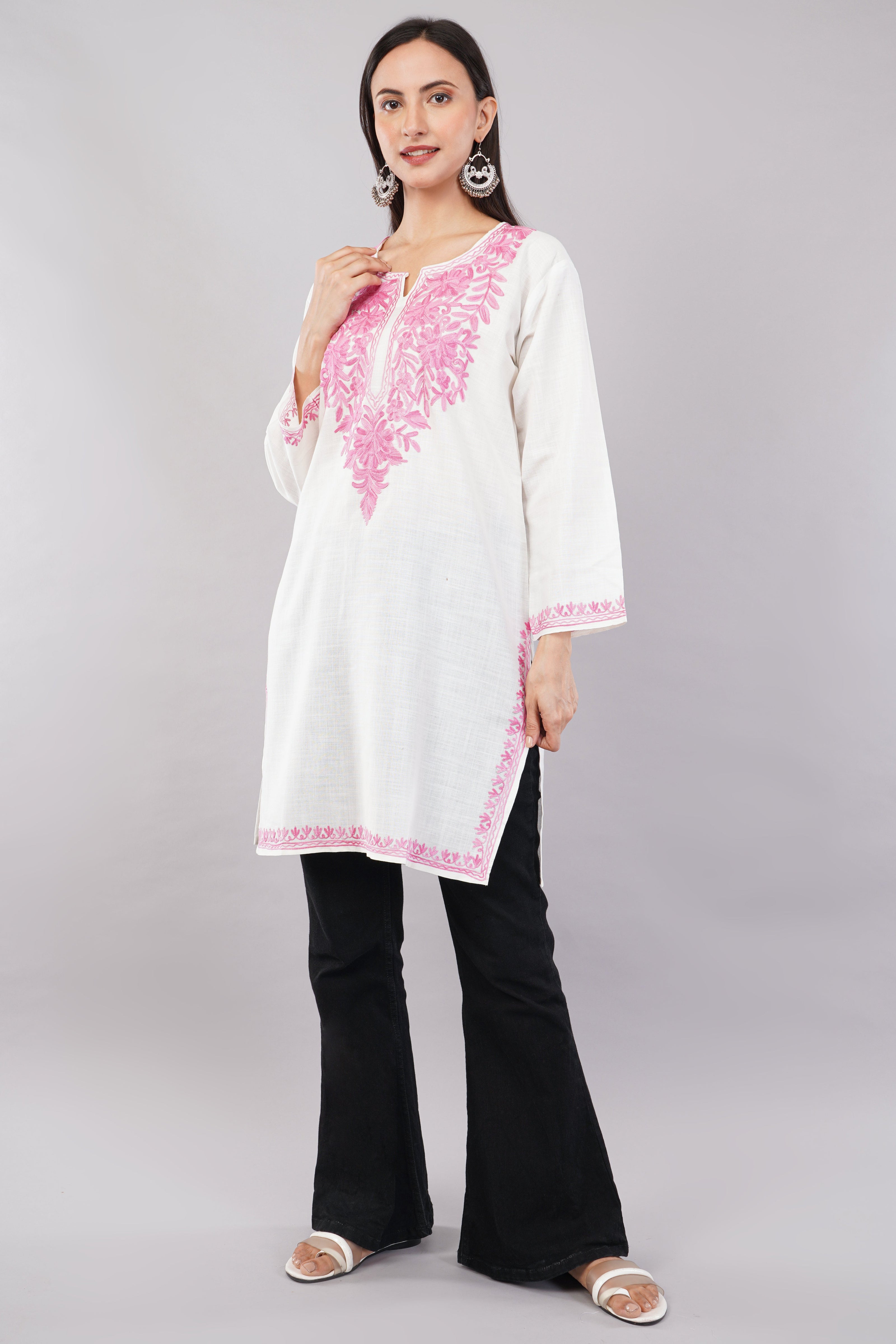 Pink Aari Blossom White Kashmiri Kurta