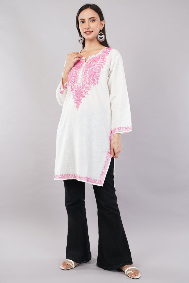 Pink Aari Blossom White Kashmiri Kurta