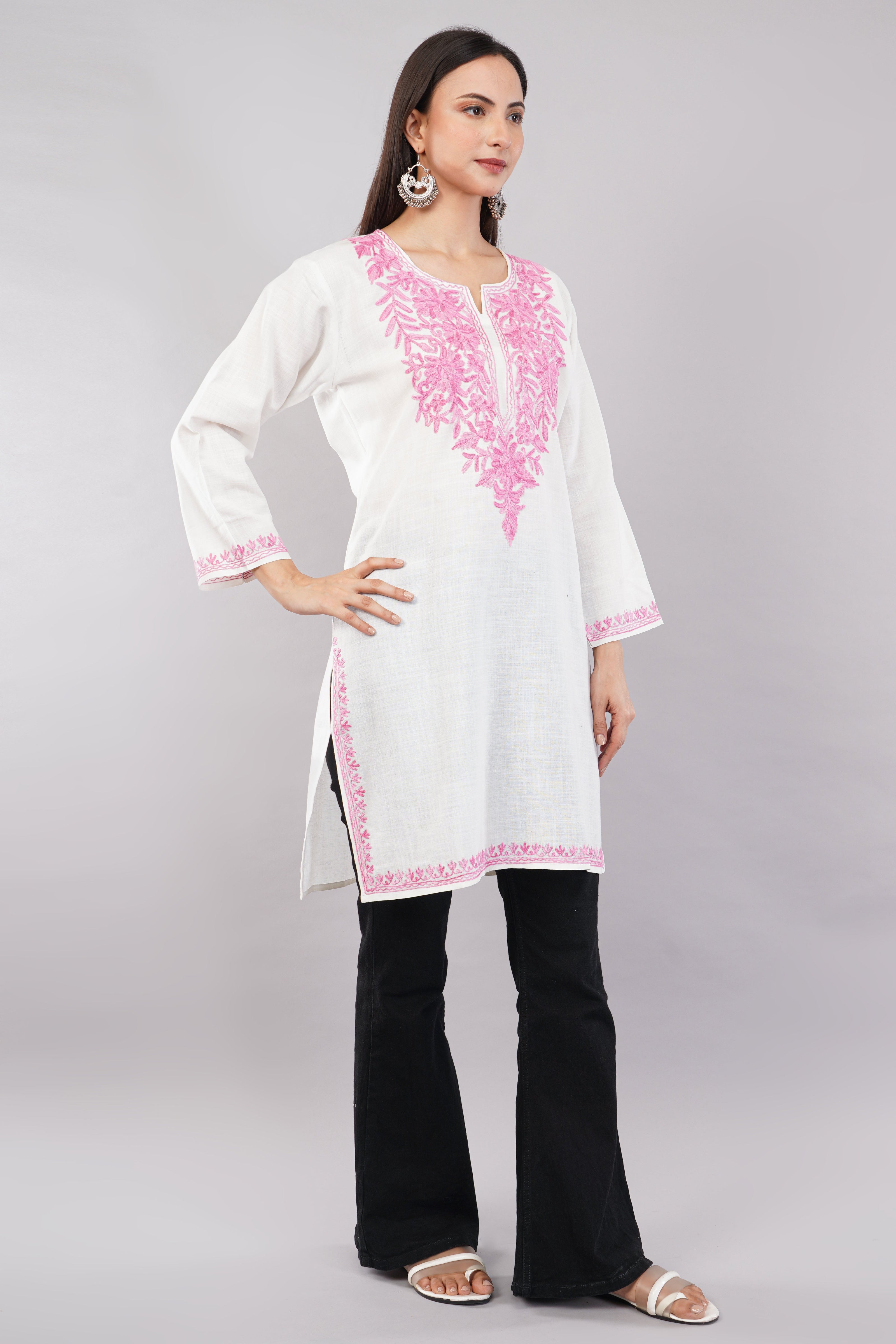 Pink Aari Blossom White Kashmiri Kurta