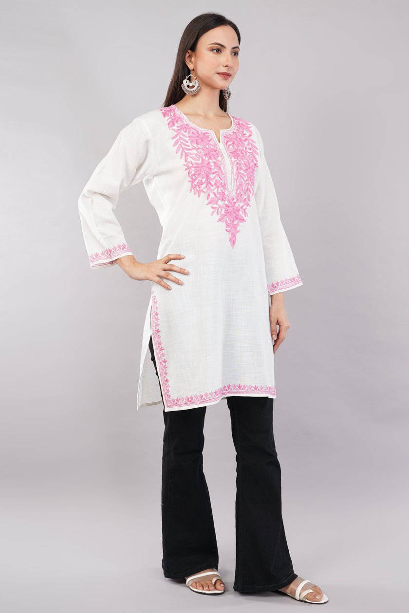 Pink Aari Blossom White Kashmiri Kurta