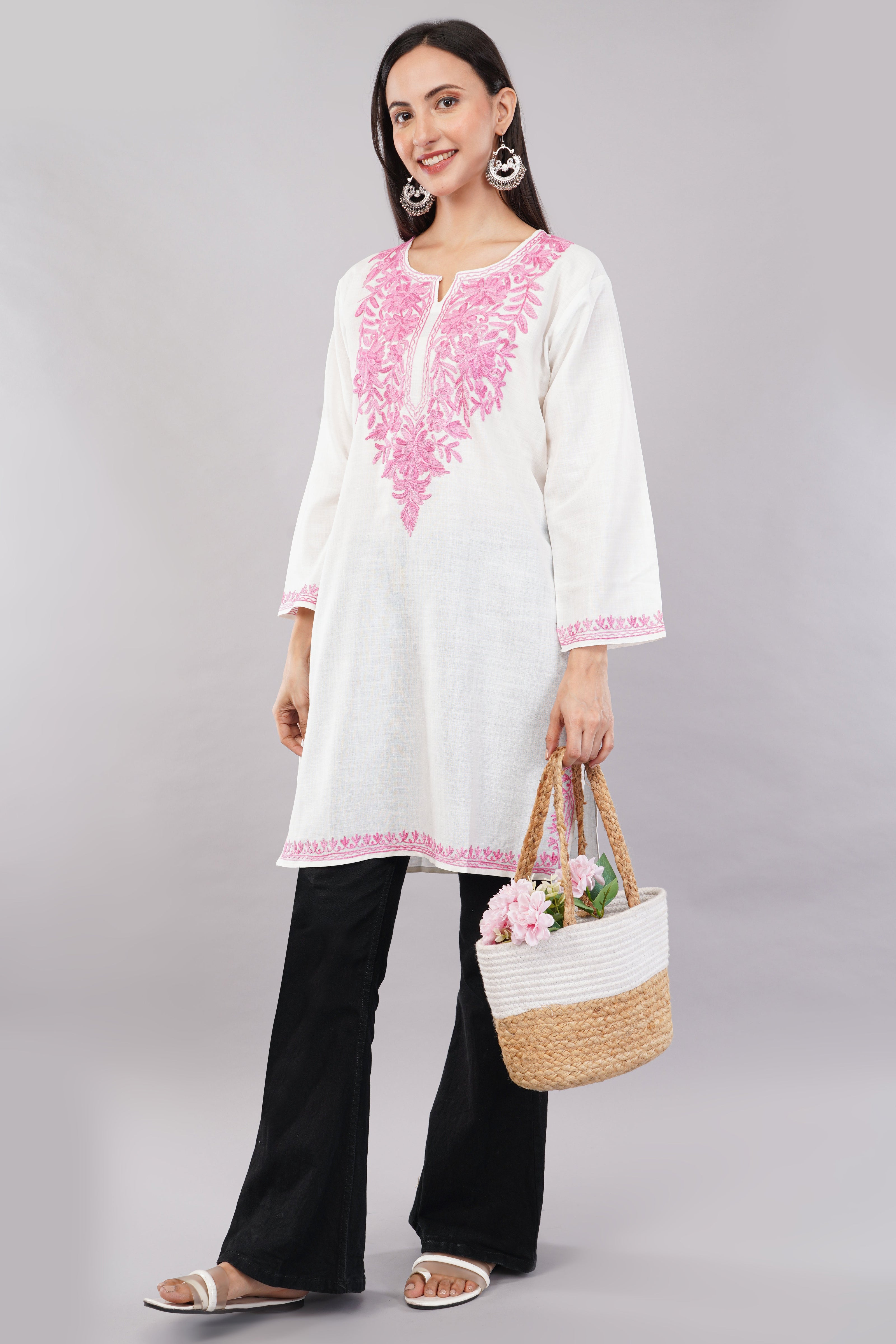 Pink Aari Blossom White Kashmiri Kurta