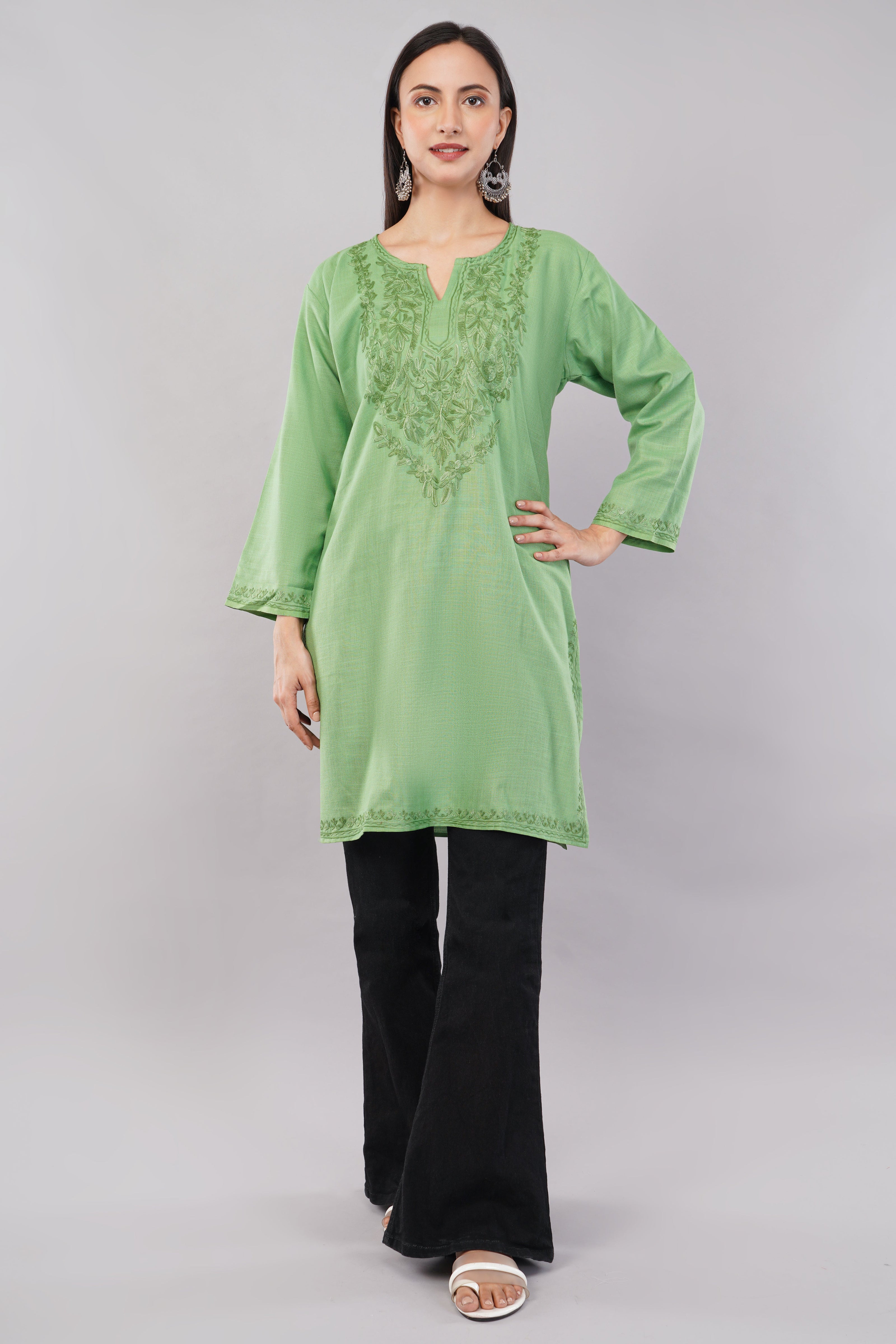 Pastel Green Kurta with Tonal Aari Embroidery