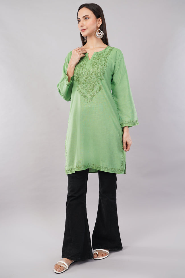 Pastel Green Kurta with Tonal Aari Embroidery