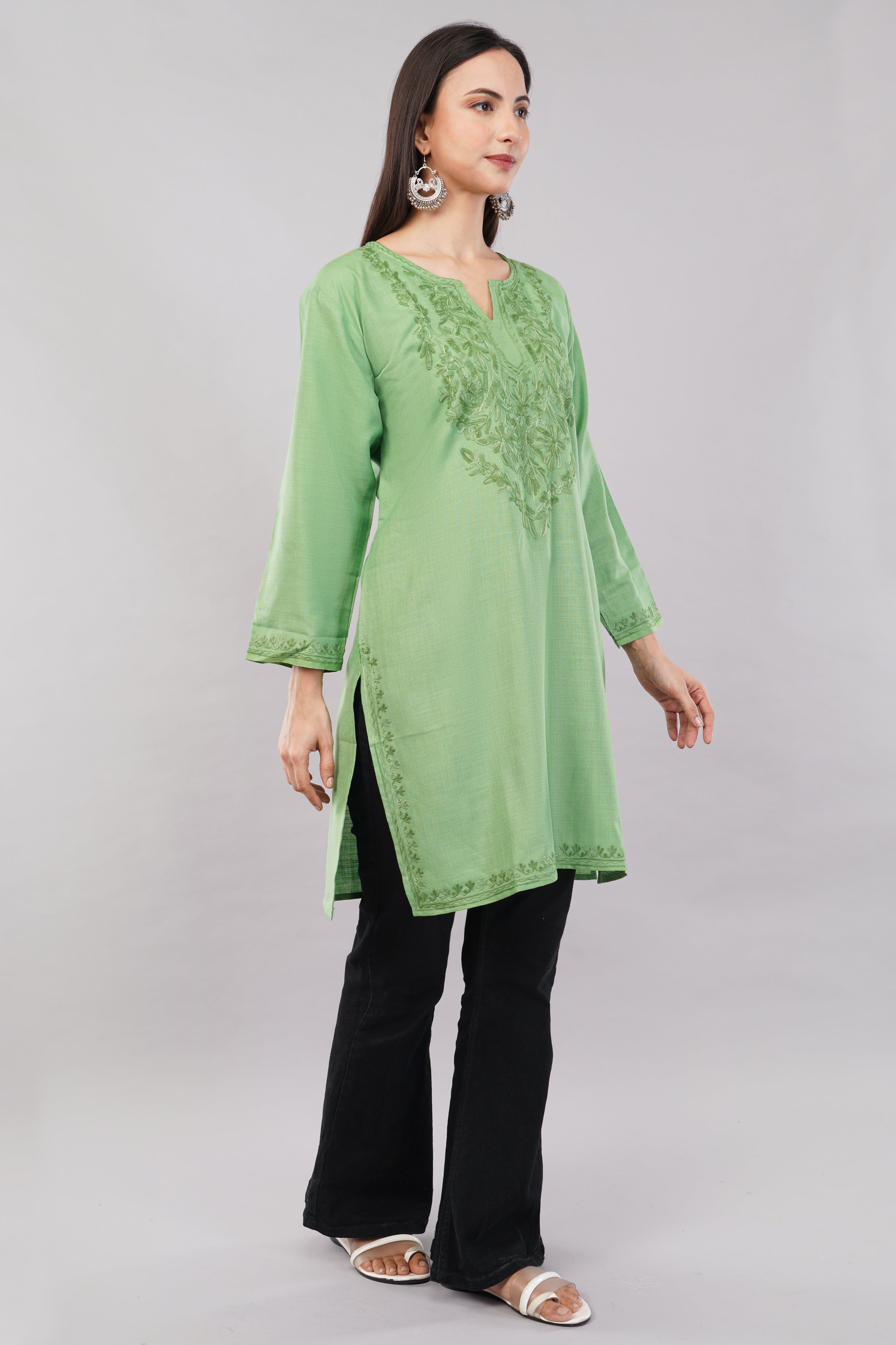 Pastel Green Kurta with Tonal Aari Embroidery