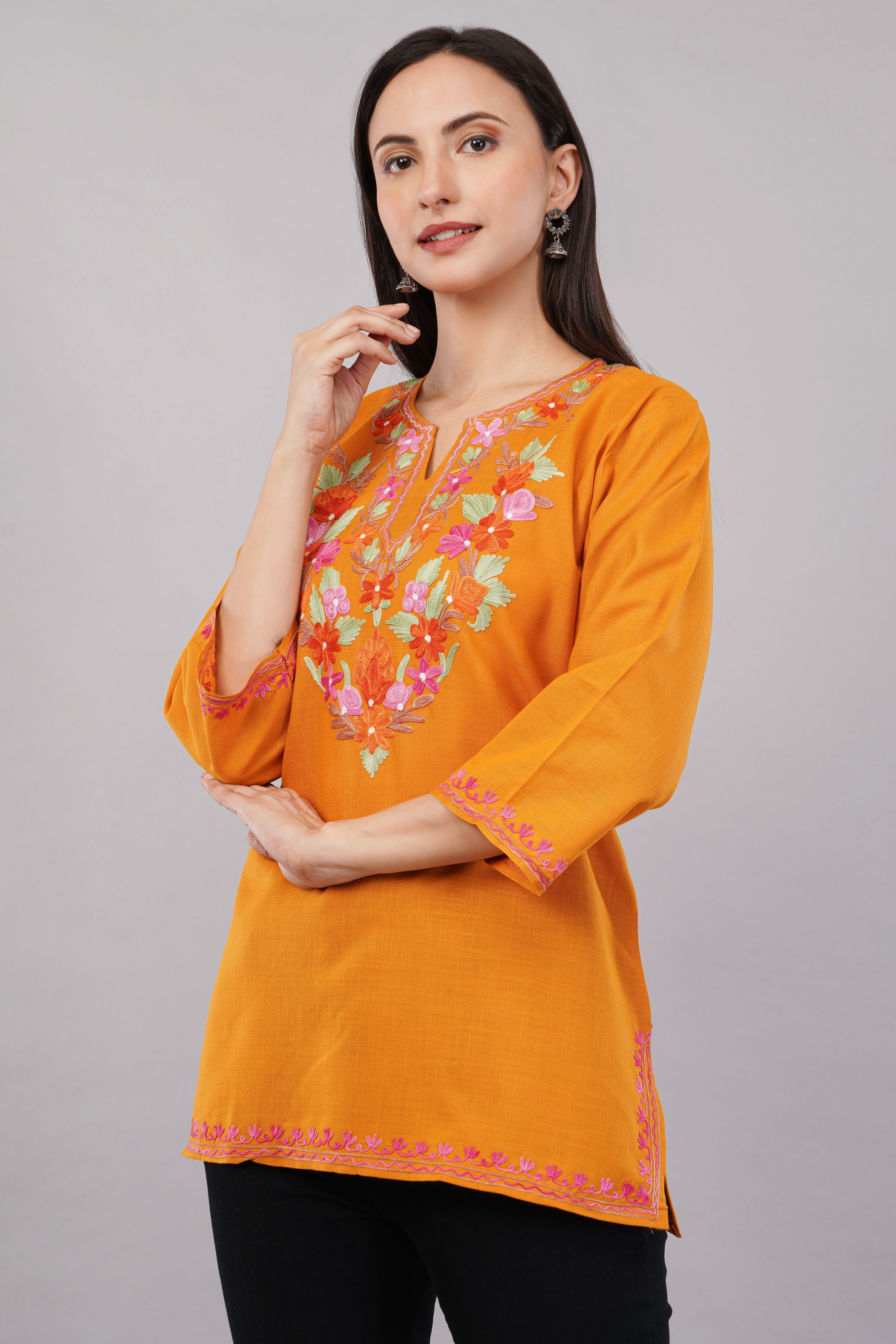 Saffron Bloom Kashmiri Kurti with Multicolour Aari Embroidery