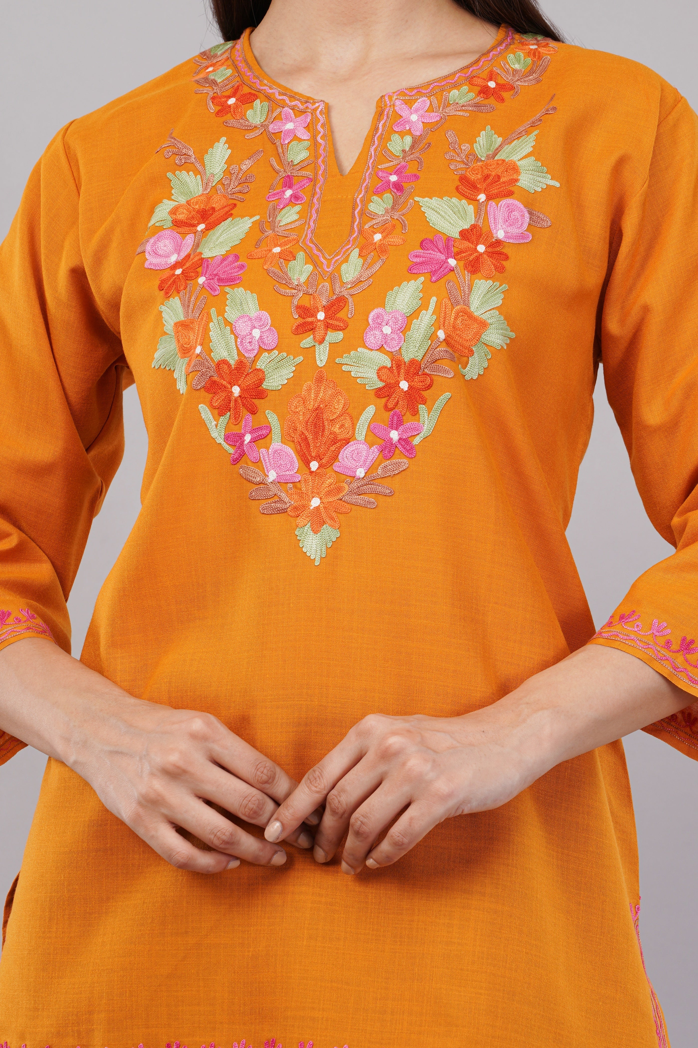 Saffron Bloom Kashmiri Kurti with Multicolour Aari Embroidery