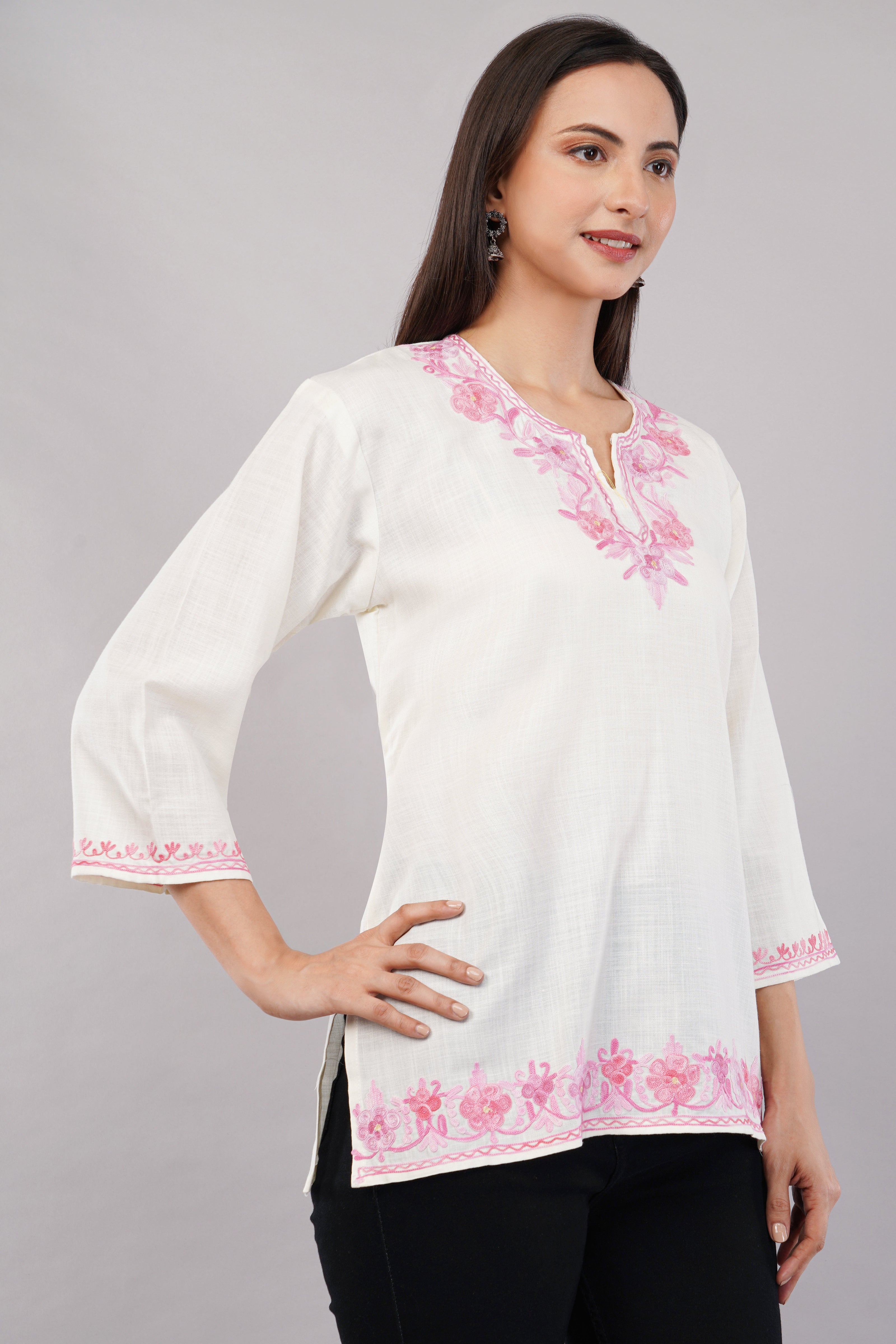 Ivory Grace Kashmiri Kurti with Blush Pink Aari