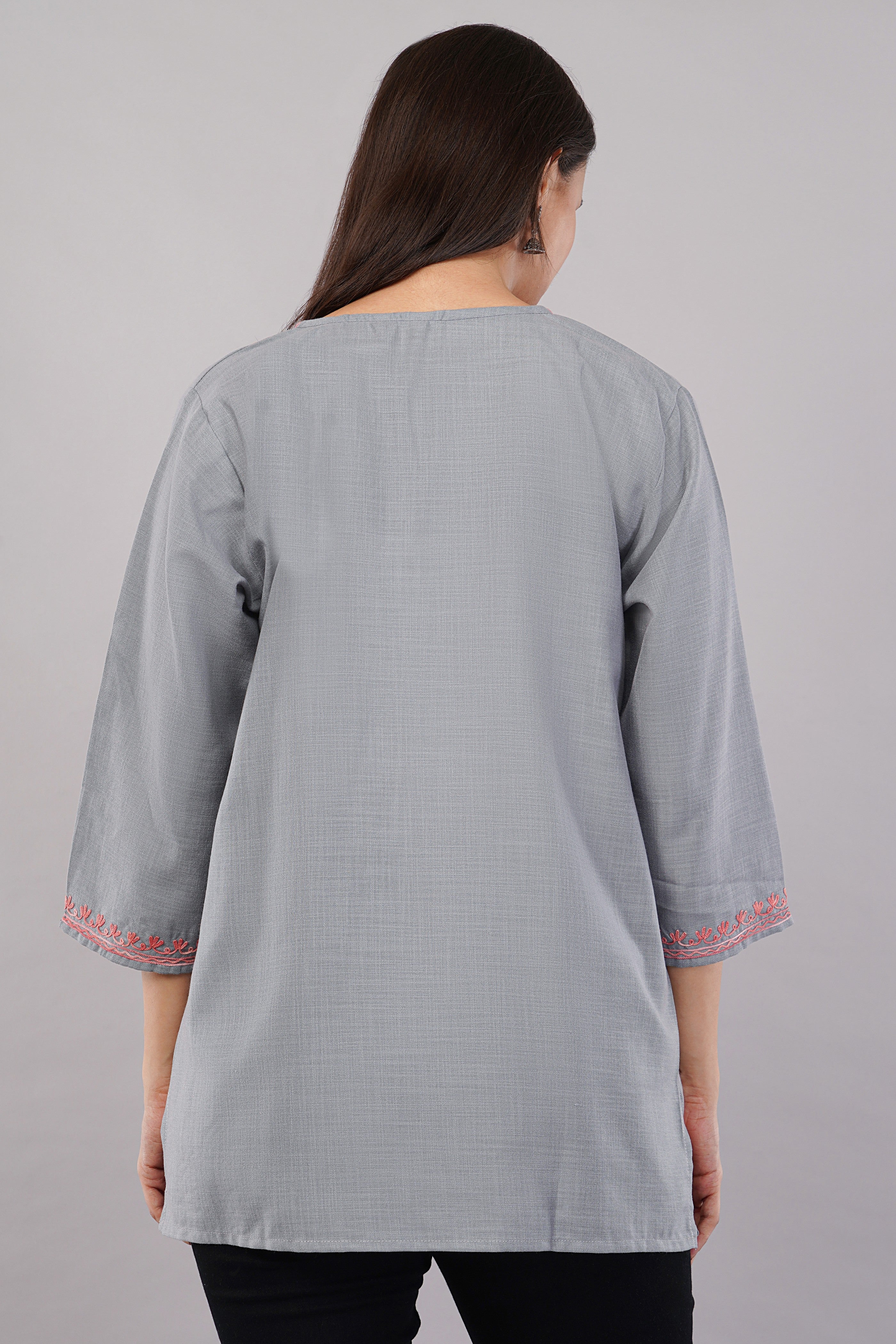 Pearl Grey Kashmiri Kurti with Rose Aari Embroidery