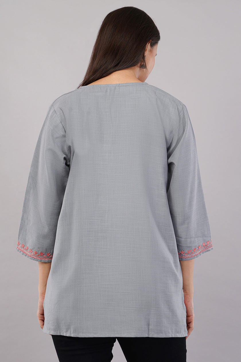Pearl Grey Kashmiri Kurti with Rose Aari Embroidery
