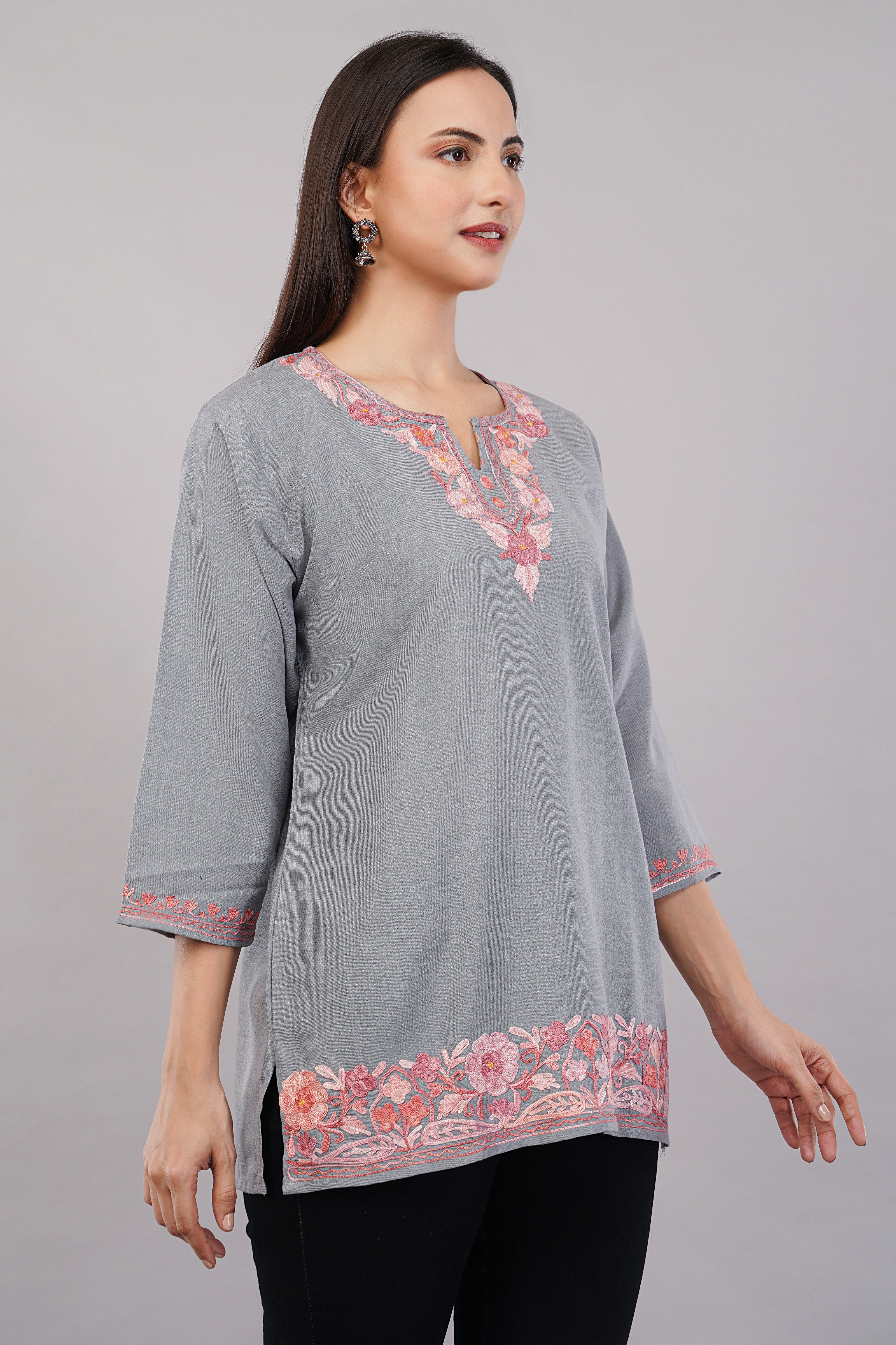 Pearl Grey Kashmiri Kurti with Rose Aari Embroidery