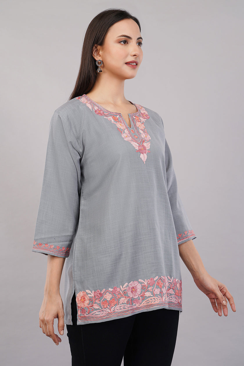 Pearl Grey Kashmiri Kurti with Rose Aari Embroidery