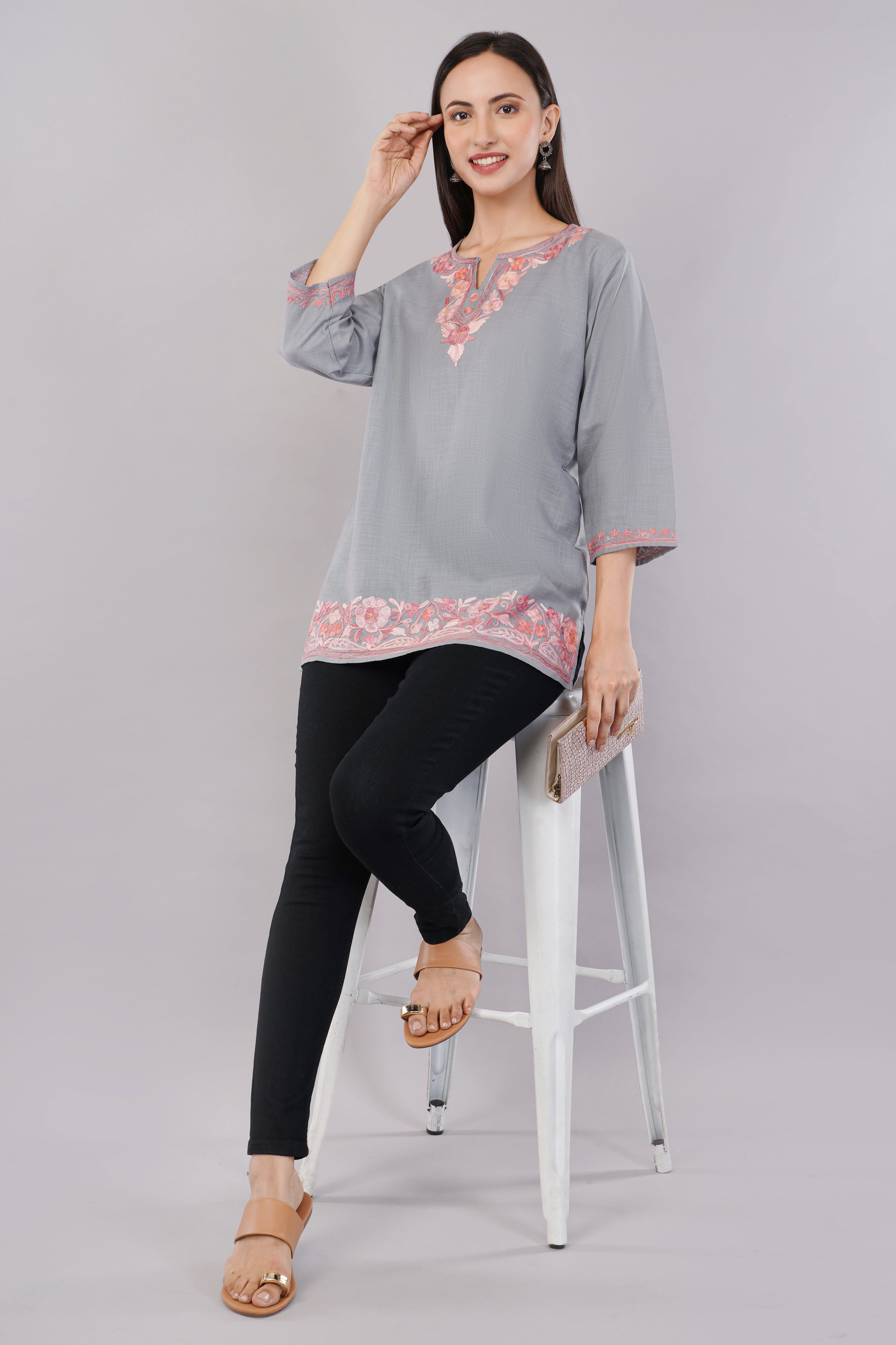 Pearl Grey Kashmiri Kurti with Rose Aari Embroidery
