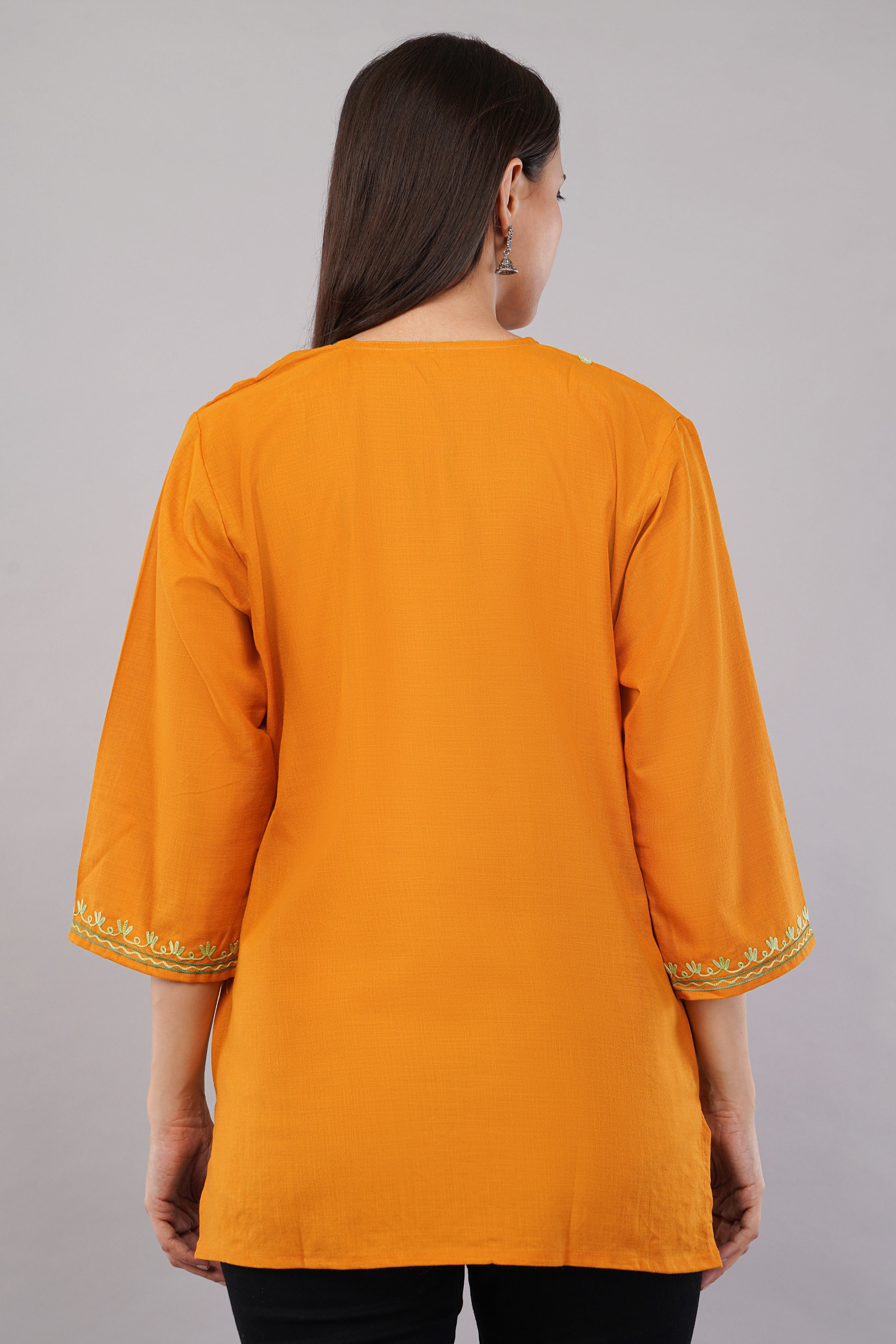 Marigold Bloom Kashmiri Kurti with Pistachio Green Aari