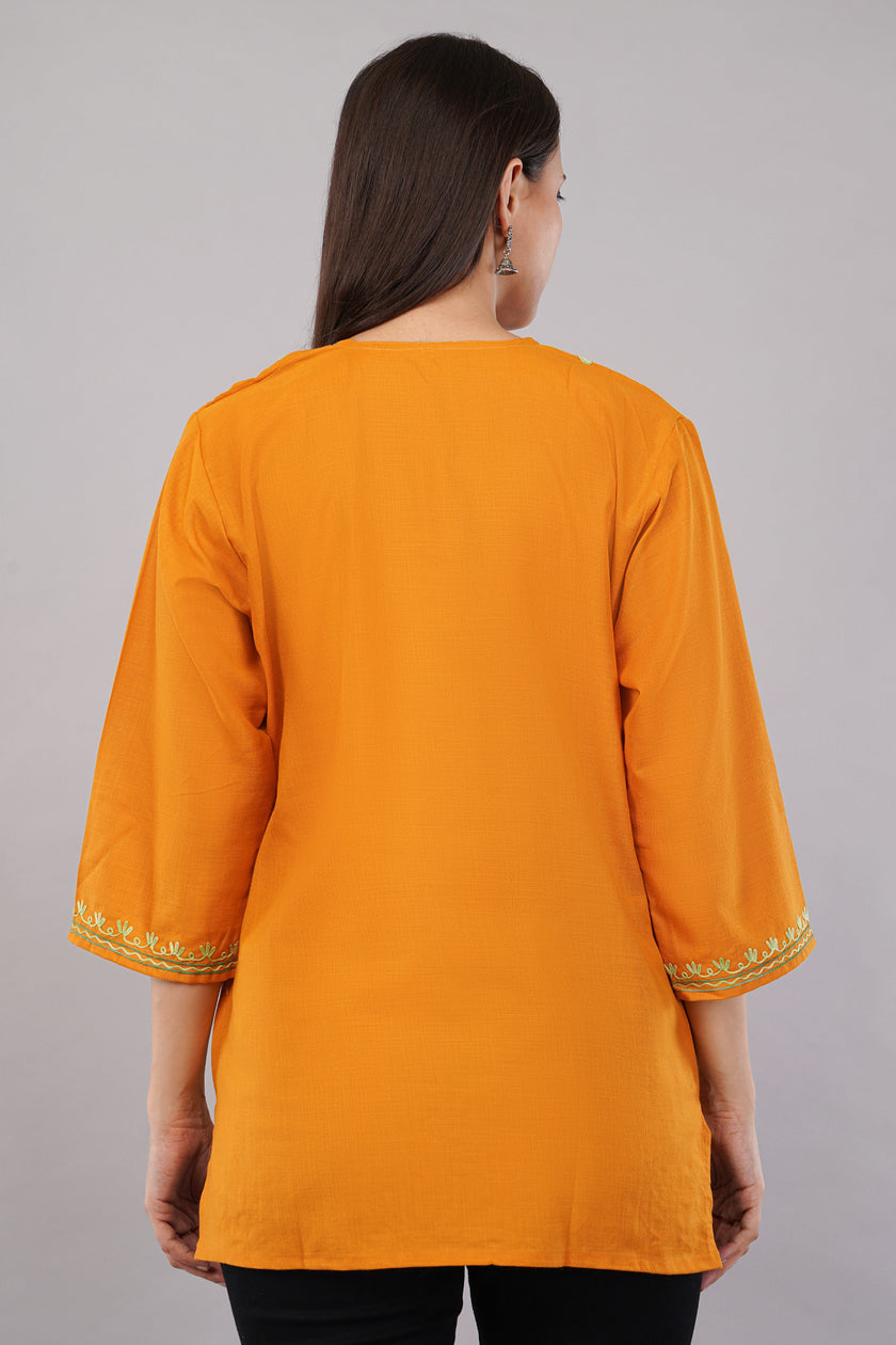 Marigold Bloom Kashmiri Kurti with Pistachio Green Aari