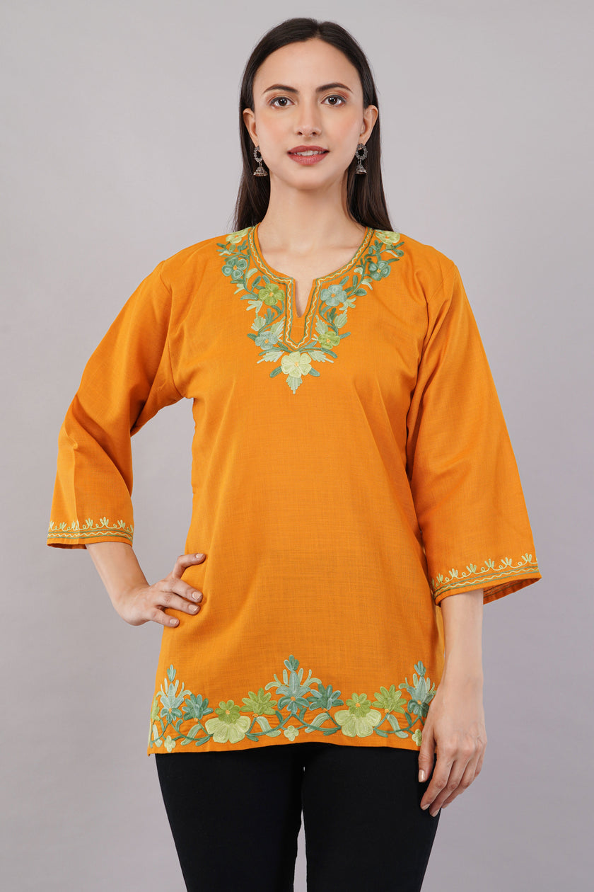 Marigold Bloom Kashmiri Kurti with Pistachio Green Aari