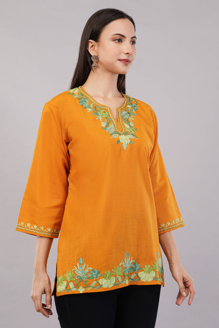 Marigold Bloom Kashmiri Kurti with Pistachio Green Aari