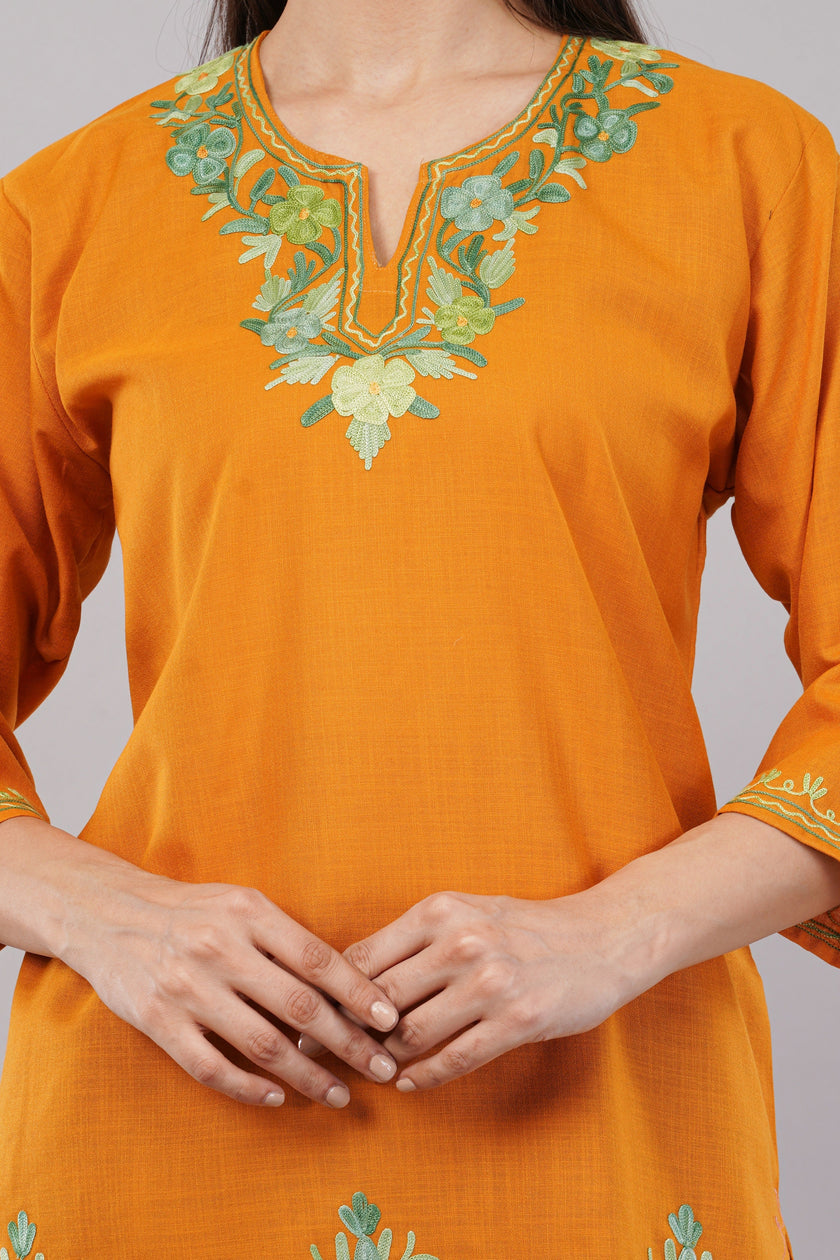 Marigold Bloom Kashmiri Kurti with Pistachio Green Aari