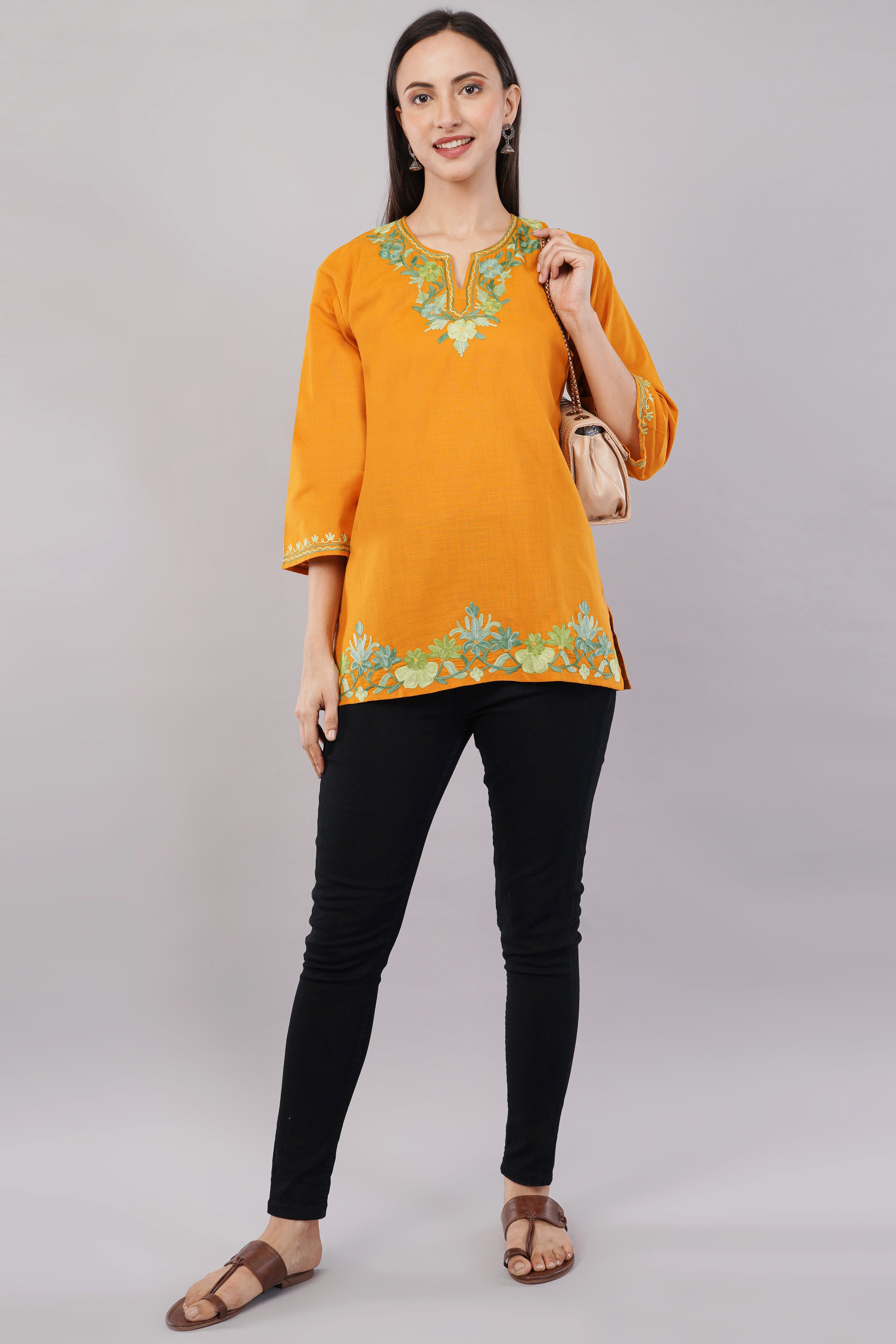Marigold Bloom Kashmiri Kurti with Pistachio Green Aari