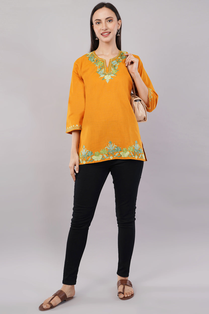 Marigold Bloom Kashmiri Kurti with Pistachio Green Aari