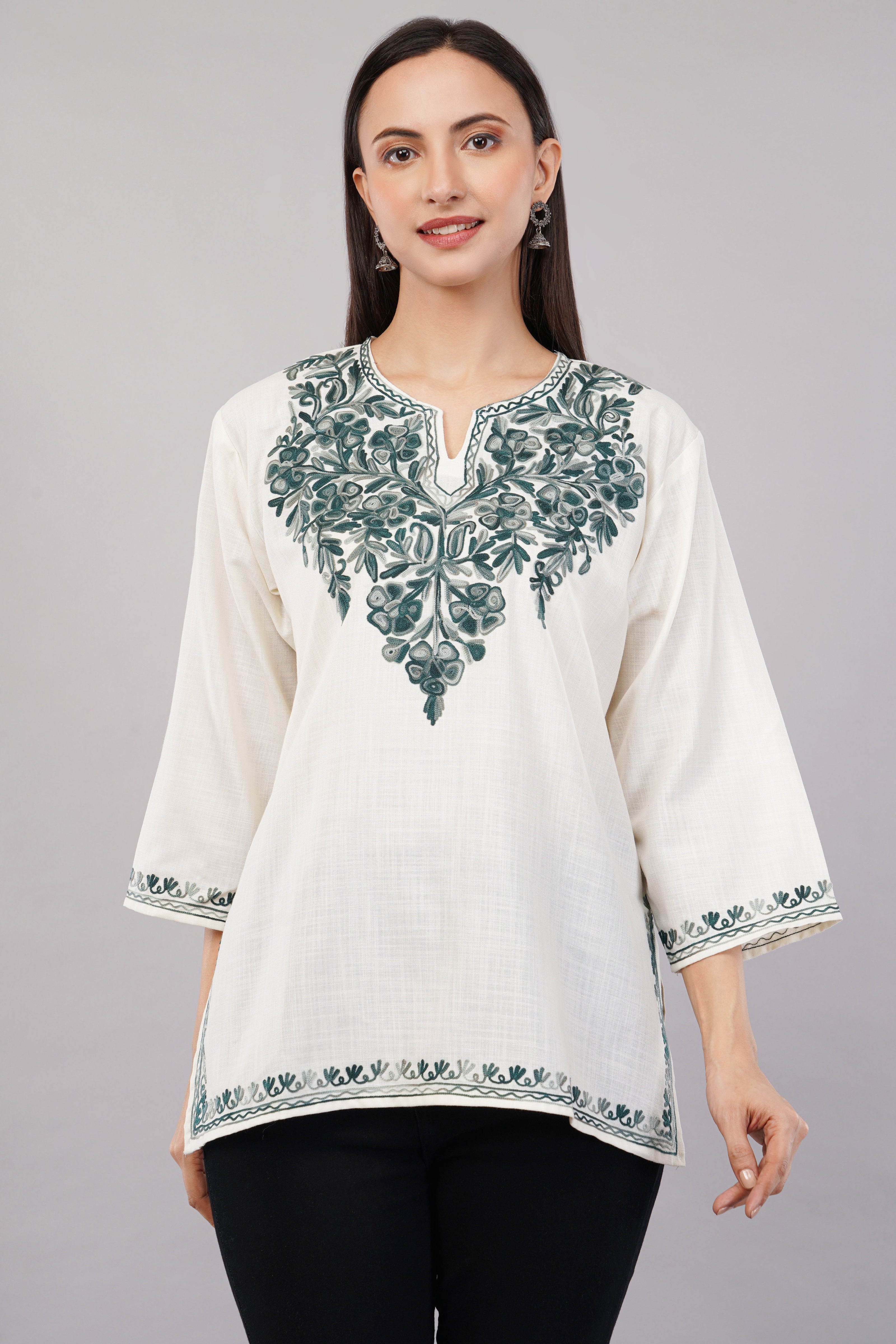 Ivory Grace Kashmiri Kurti with Forest Green Aari