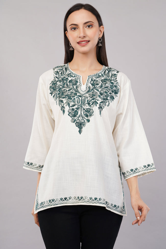 Ivory Grace Kashmiri Kurti with Forest Green Aari