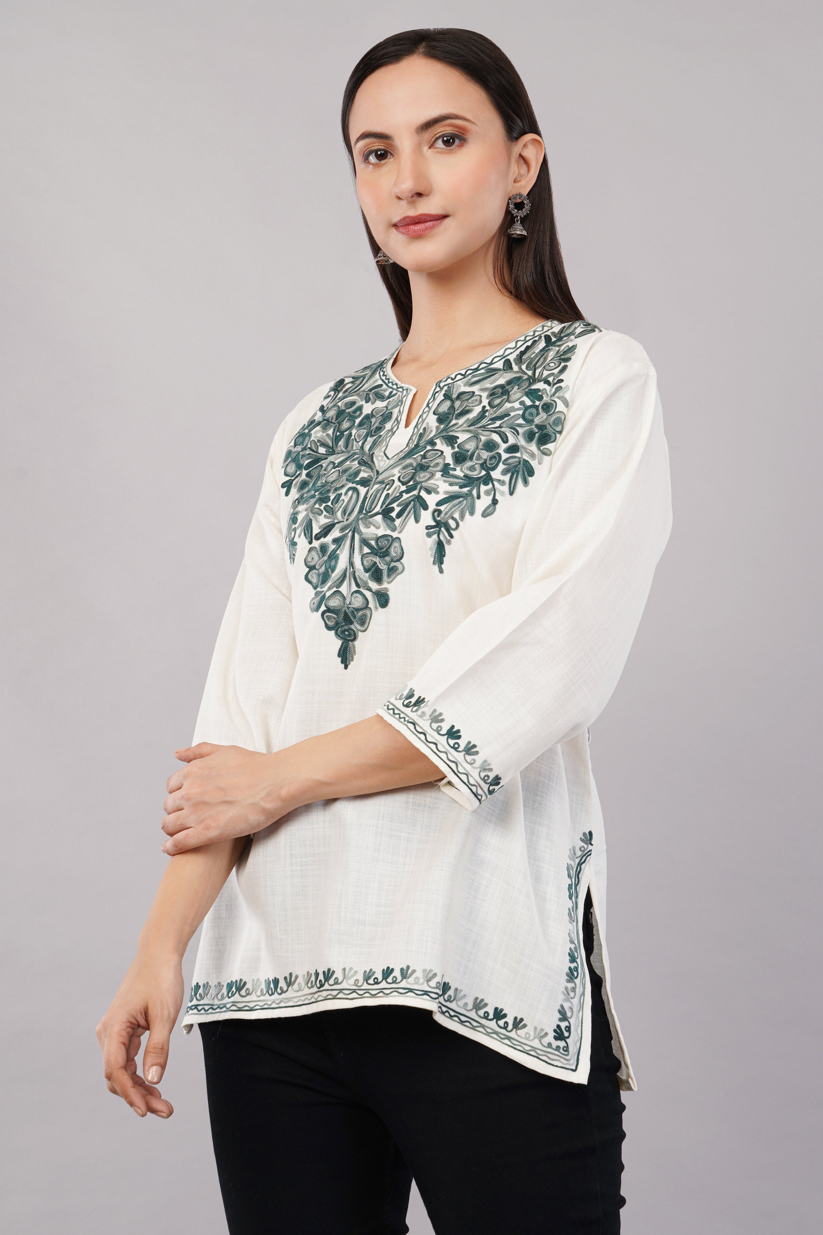 Ivory Grace Kashmiri Kurti with Forest Green Aari