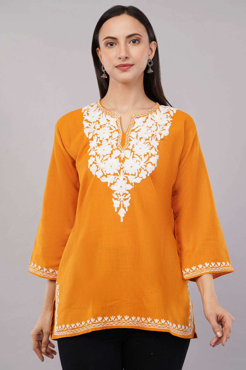 Amber Flare Kashmiri Kurti with Ivory White Aari