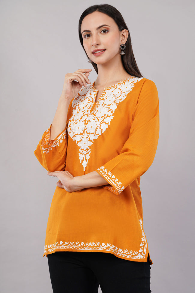 Amber Flare Kashmiri Kurti with Ivory White Aari