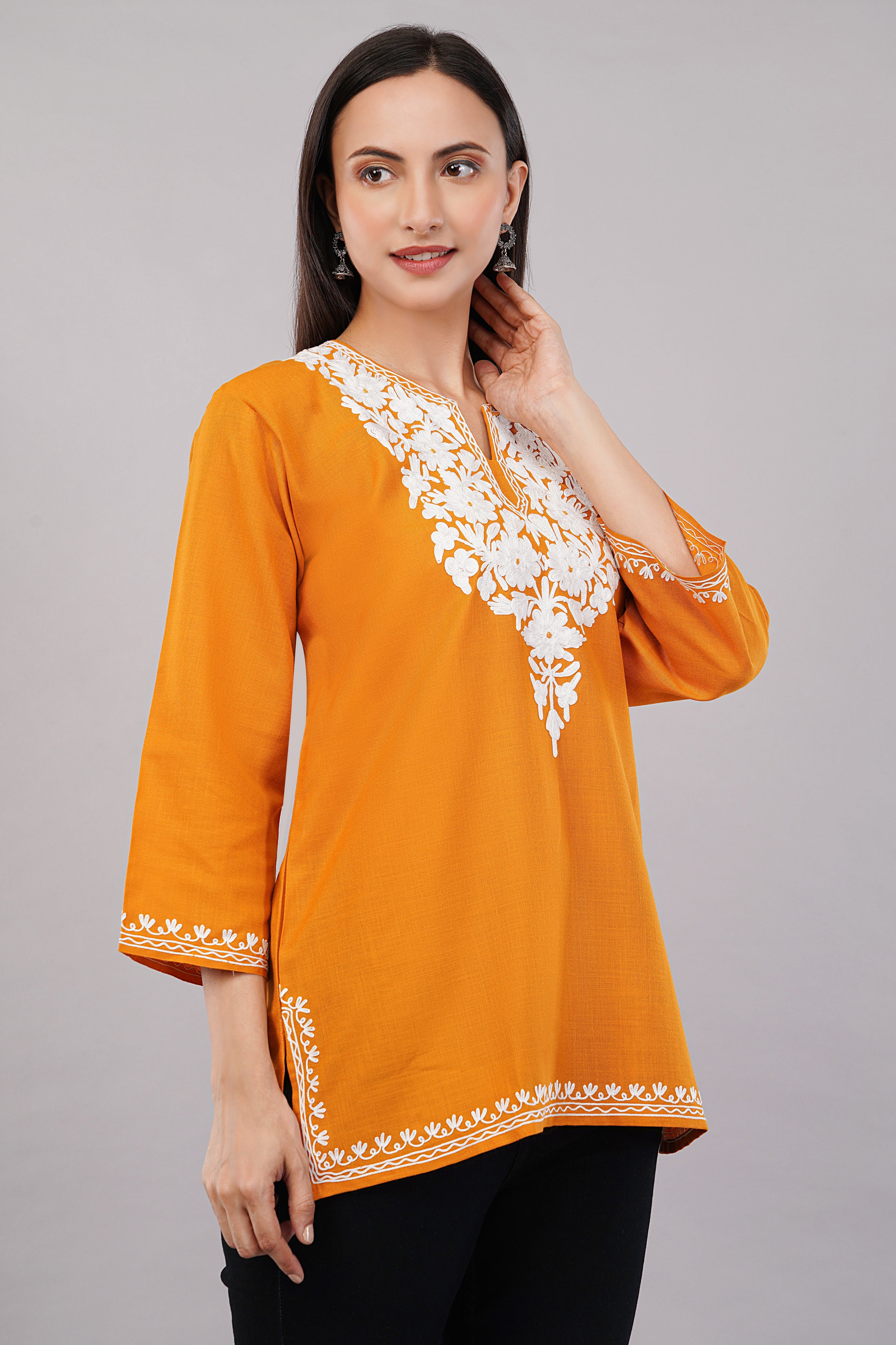 Amber Flare Kashmiri Kurti with Ivory White Aari