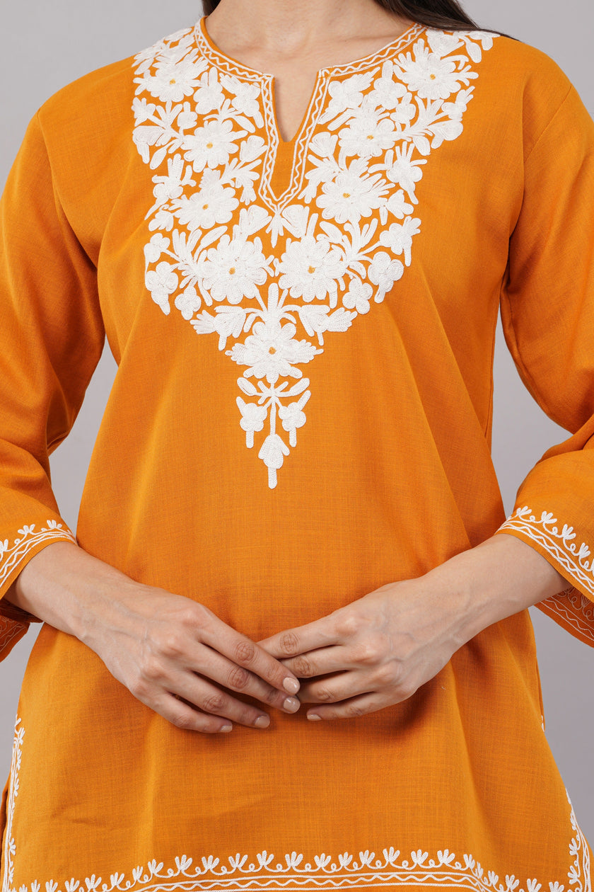 Amber Flare Kashmiri Kurti with Ivory White Aari