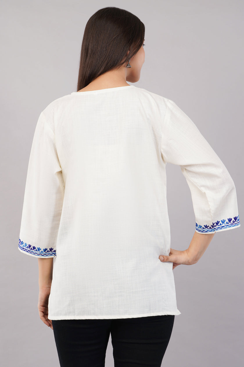 Ivory Charm Kashmiri Kurti with Azure Blue Aari