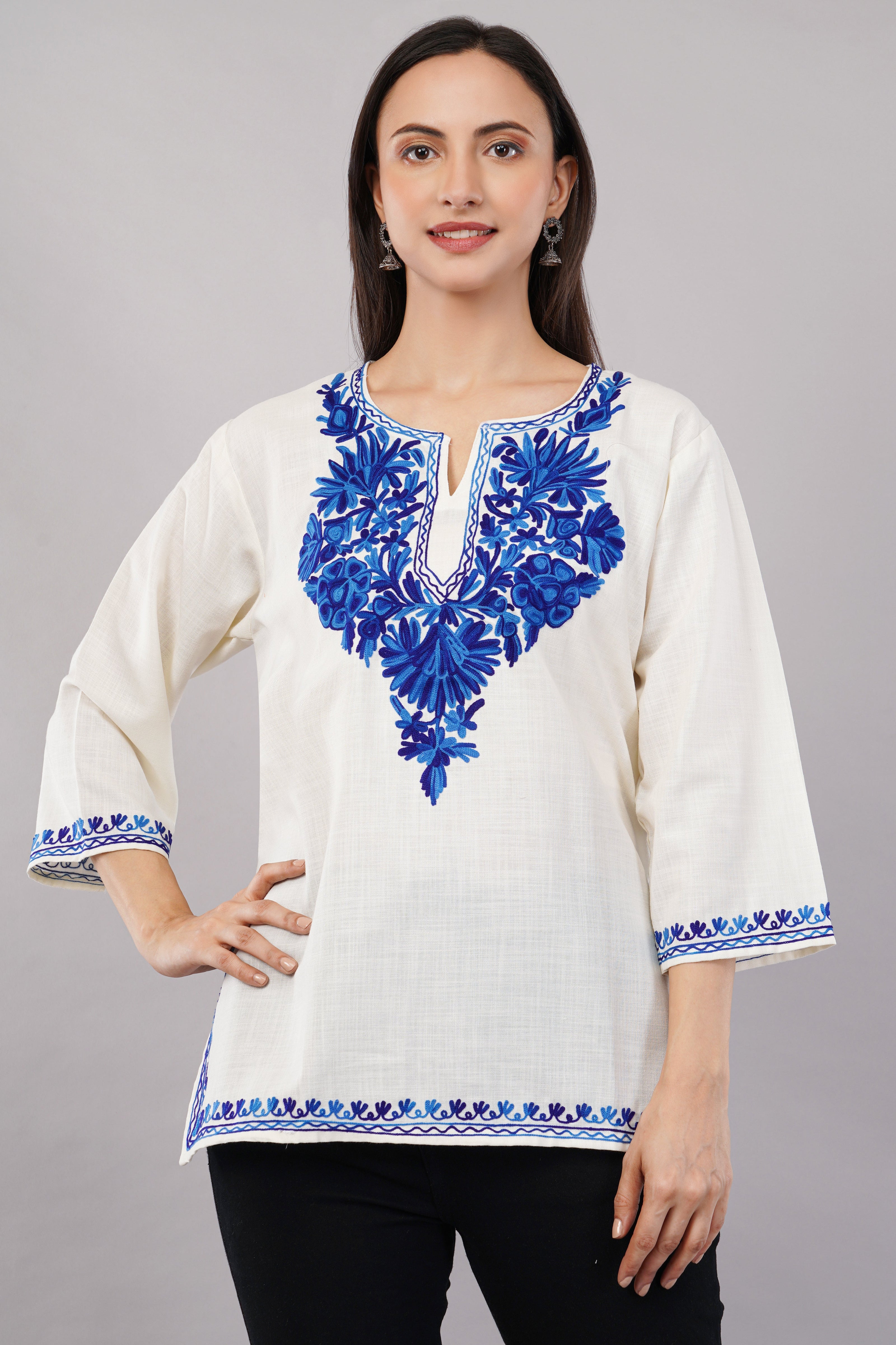Ivory Charm Kashmiri Kurti with Azure Blue Aari