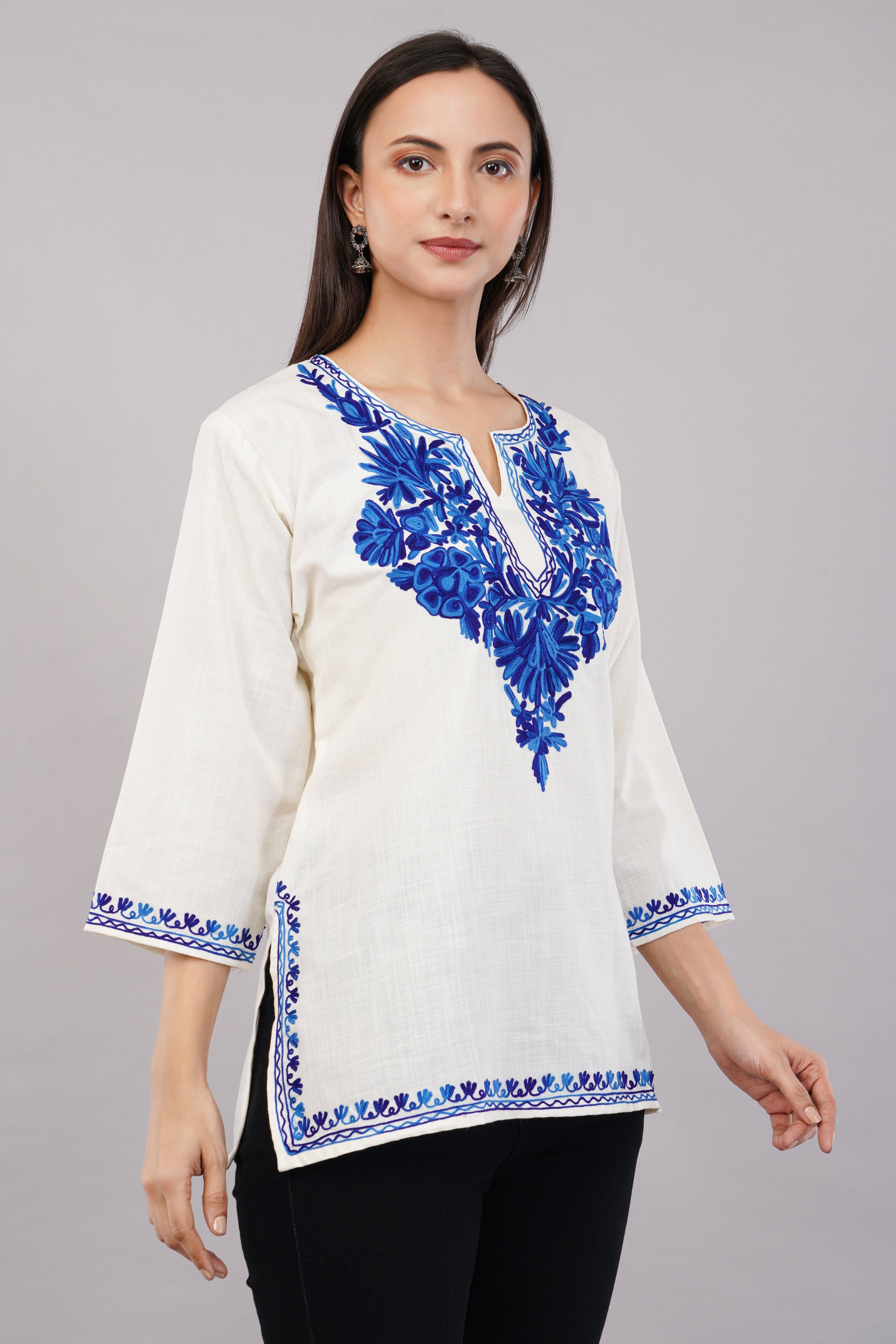 Ivory Charm Kashmiri Kurti with Azure Blue Aari