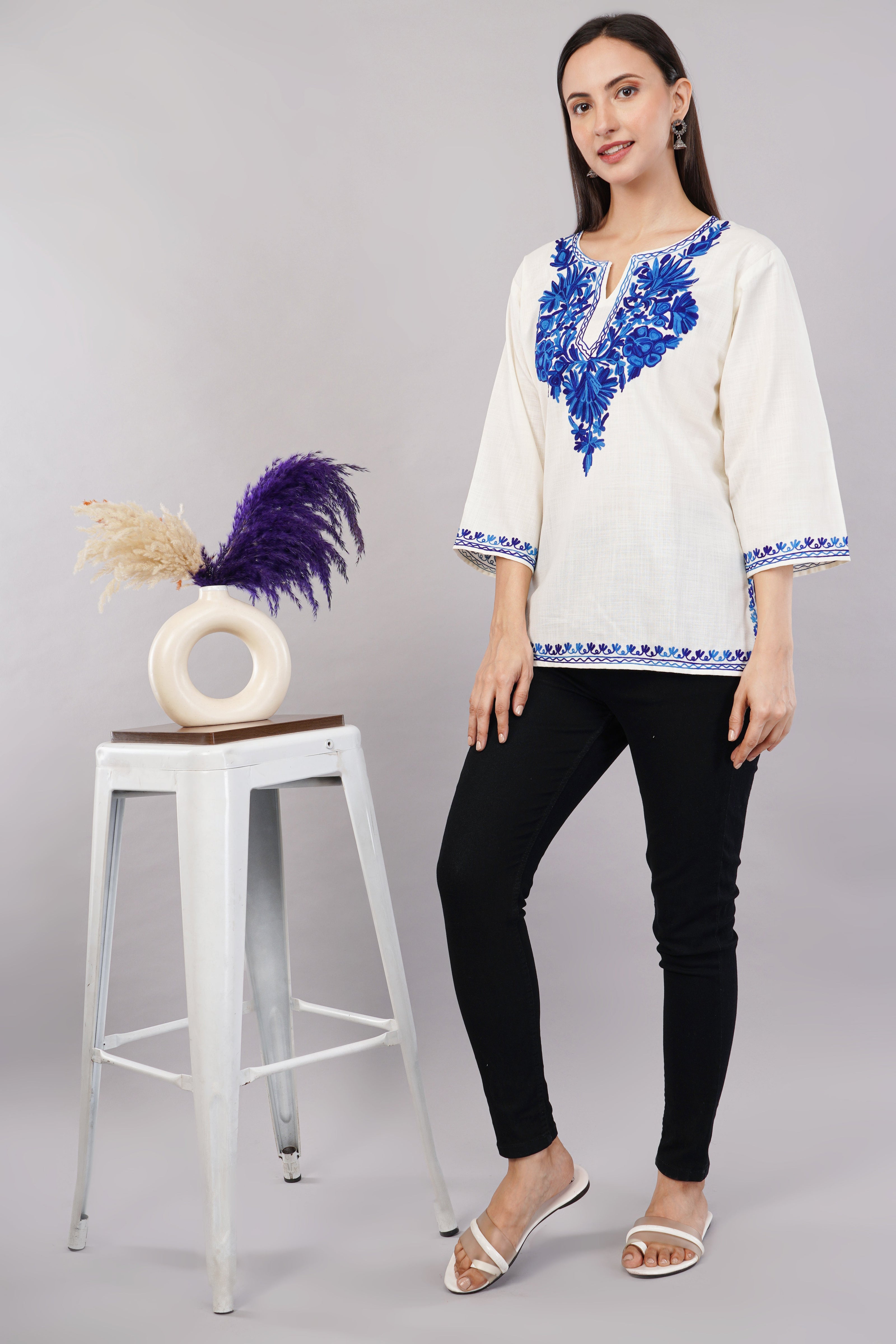 Ivory Charm Kashmiri Kurti with Azure Blue Aari