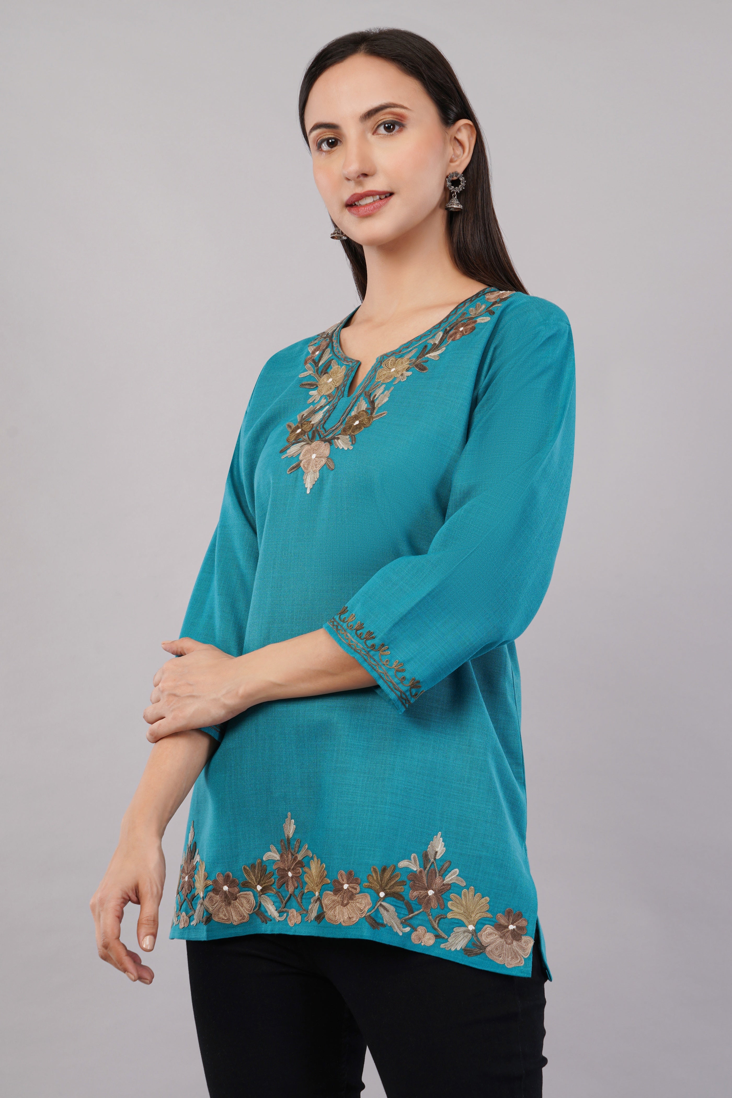 Teal Grove Kashmiri Kurti with Earth-Tone Aari Embroidery
