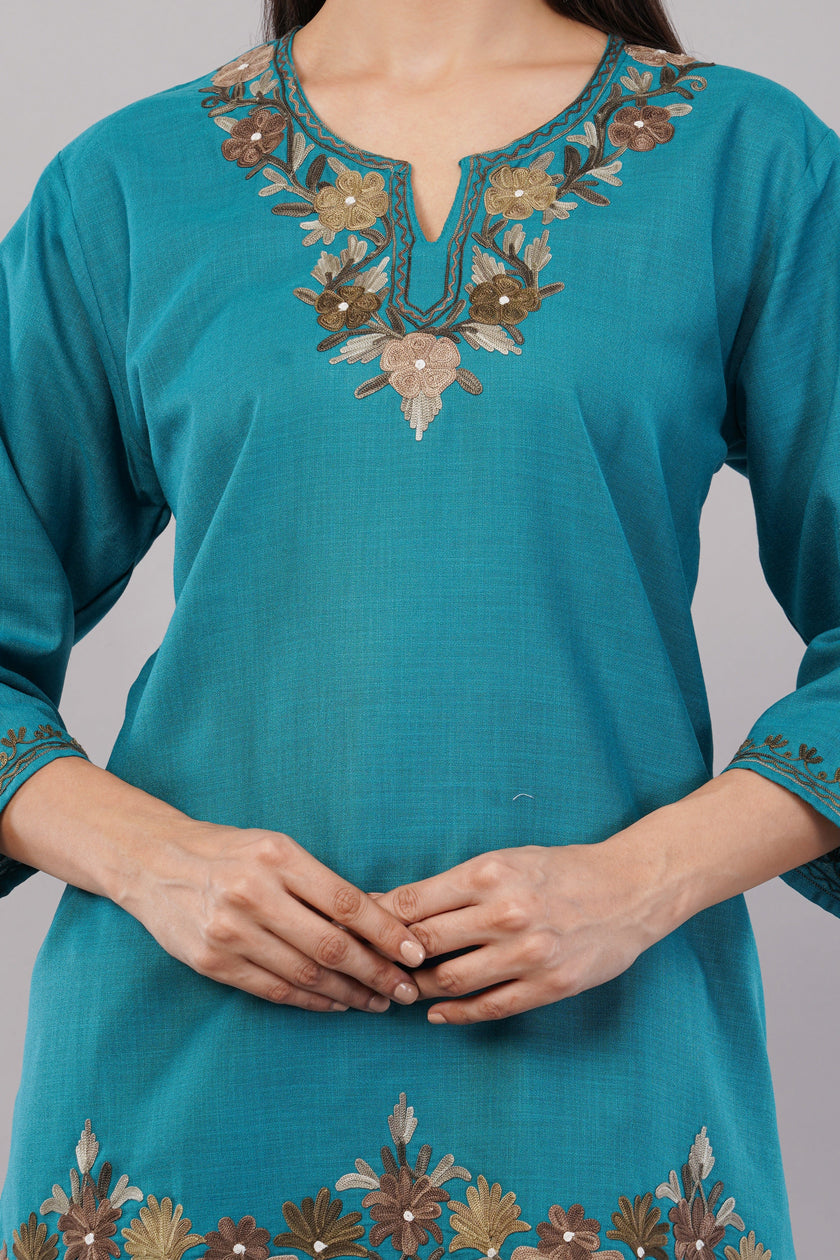 Teal Grove Kashmiri Kurti with Earth-Tone Aari Embroidery