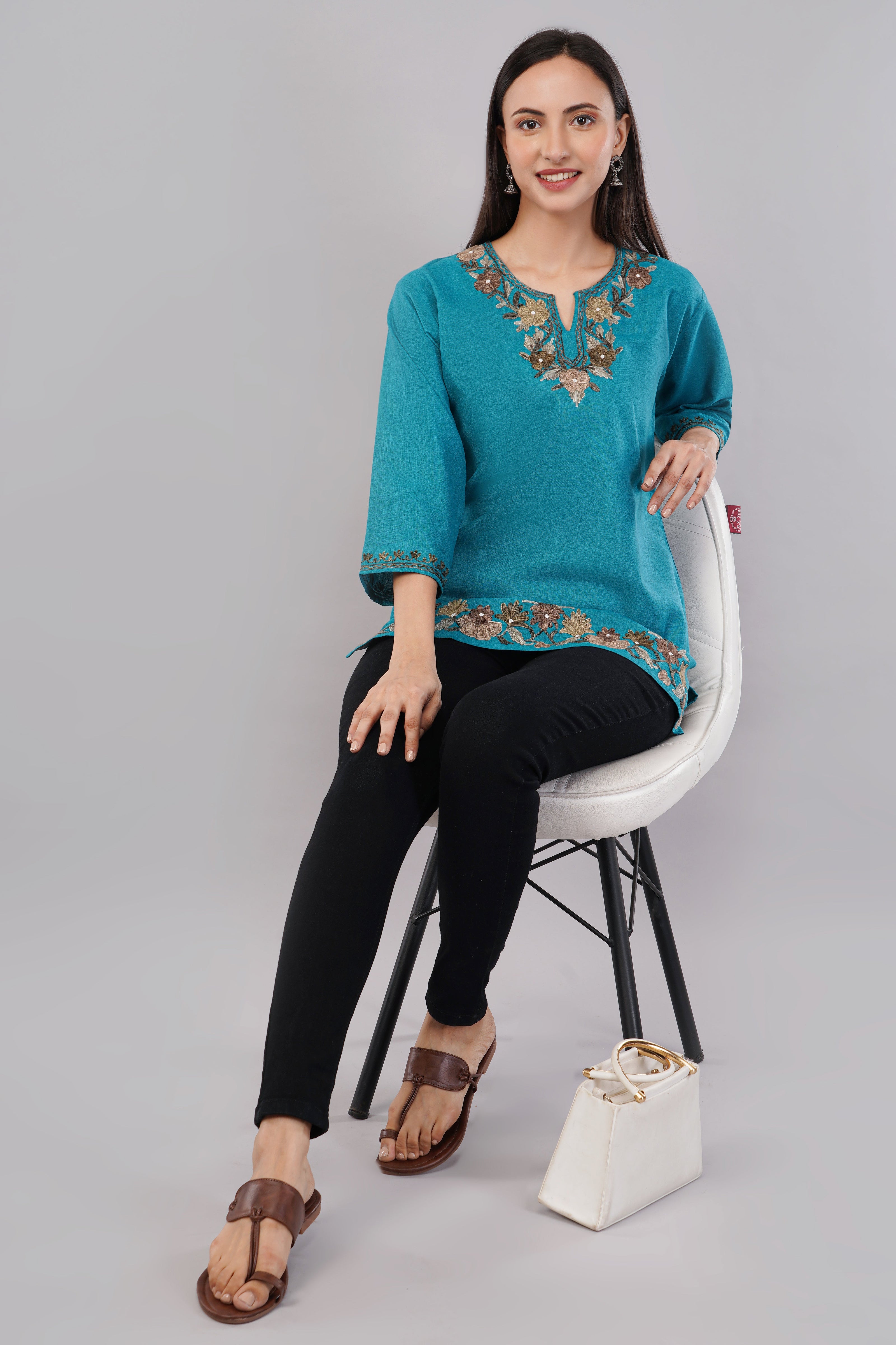 Teal Grove Kashmiri Kurti with Earth-Tone Aari Embroidery