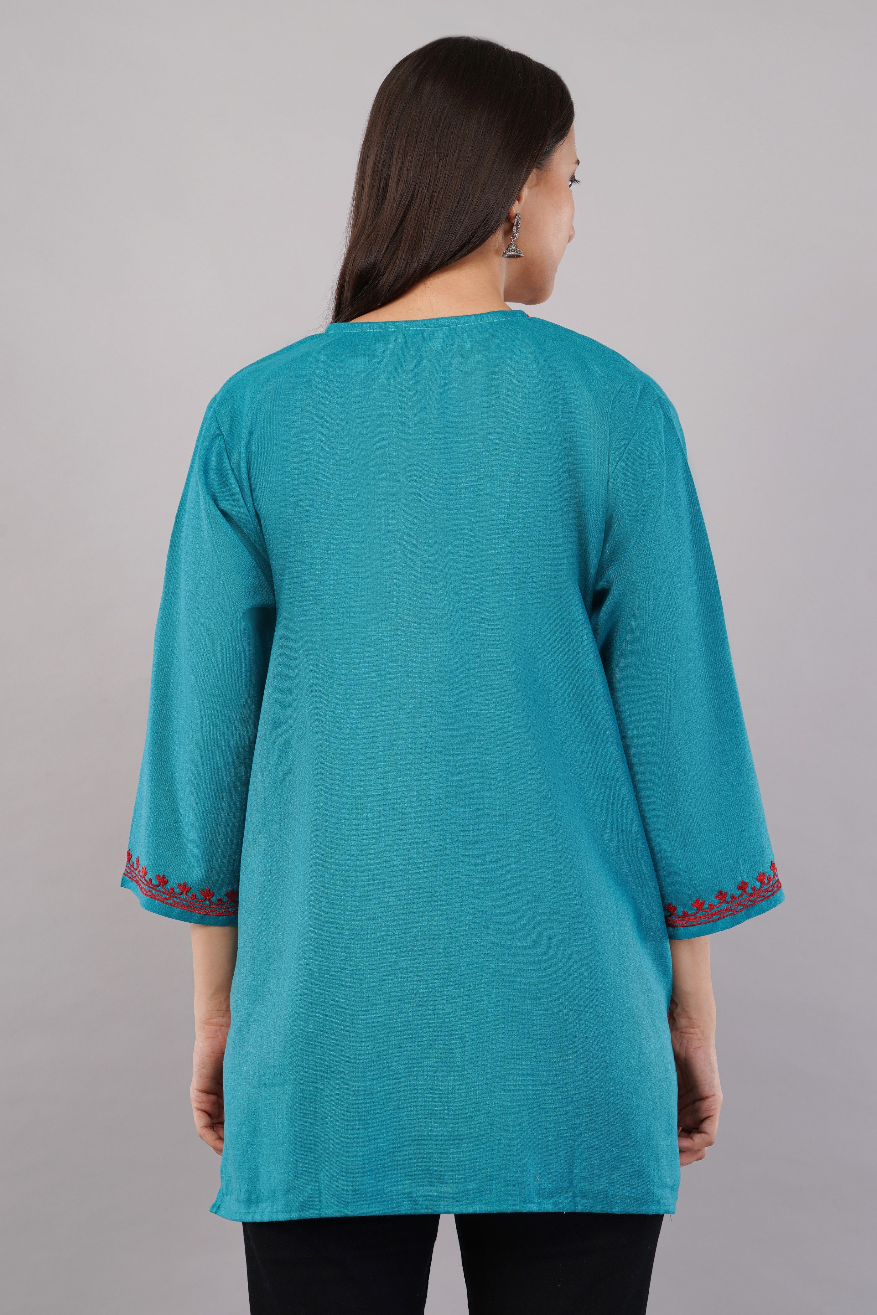 Teal Grove Kashmiri Kurti with Crimson Red Aari