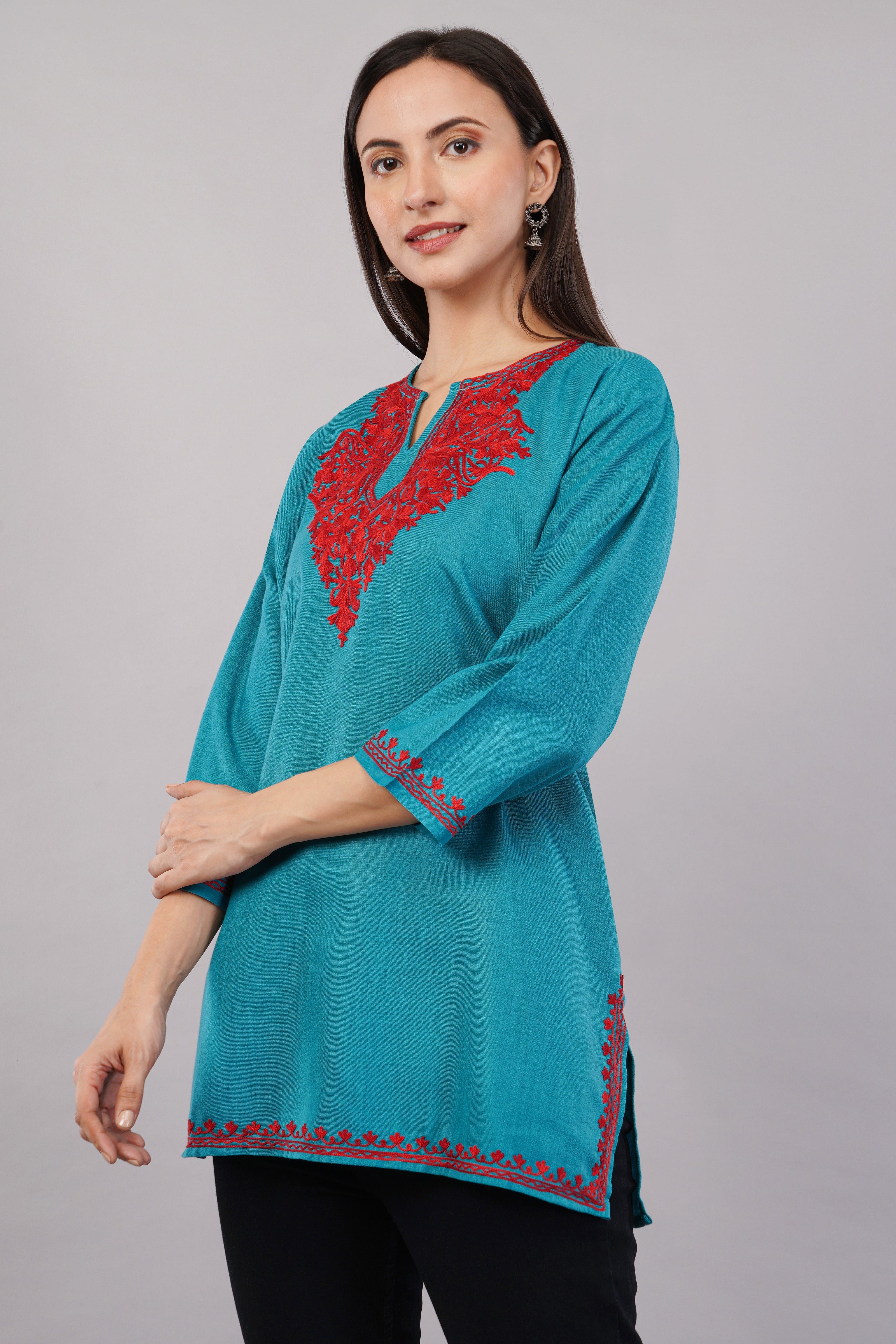 Teal Grove Kashmiri Kurti with Crimson Red Aari