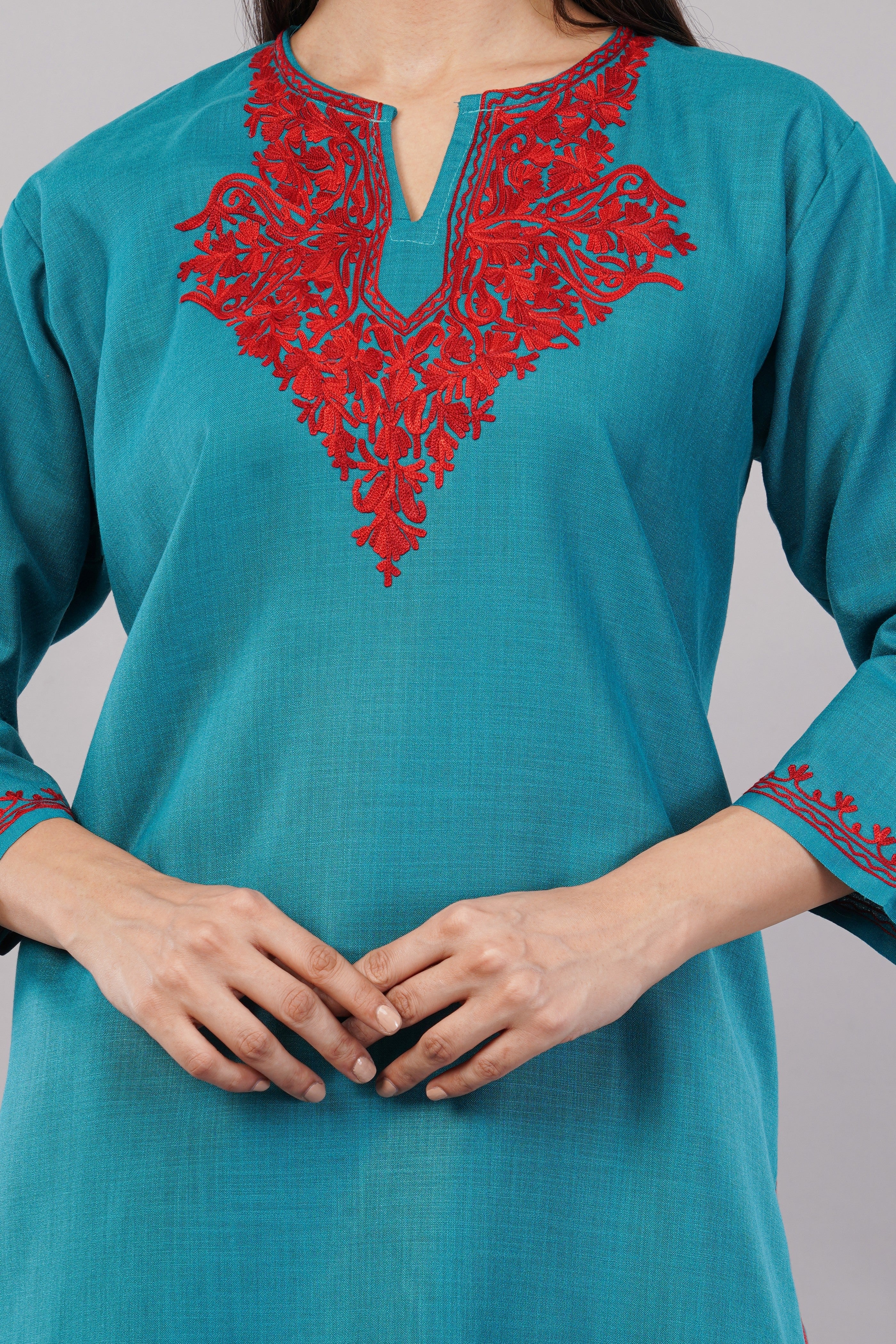 Teal Grove Kashmiri Kurti with Crimson Red Aari
