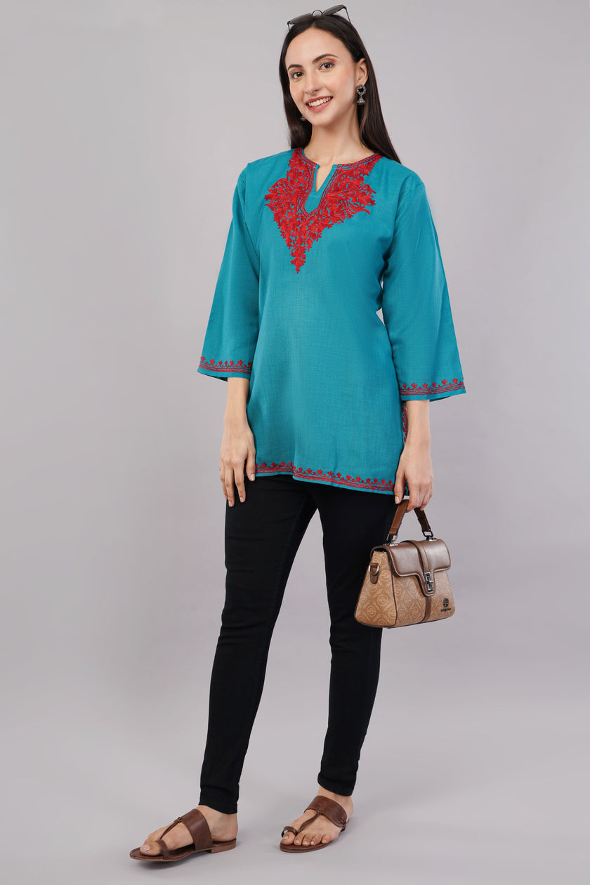 Teal Grove Kashmiri Kurti with Crimson Red Aari