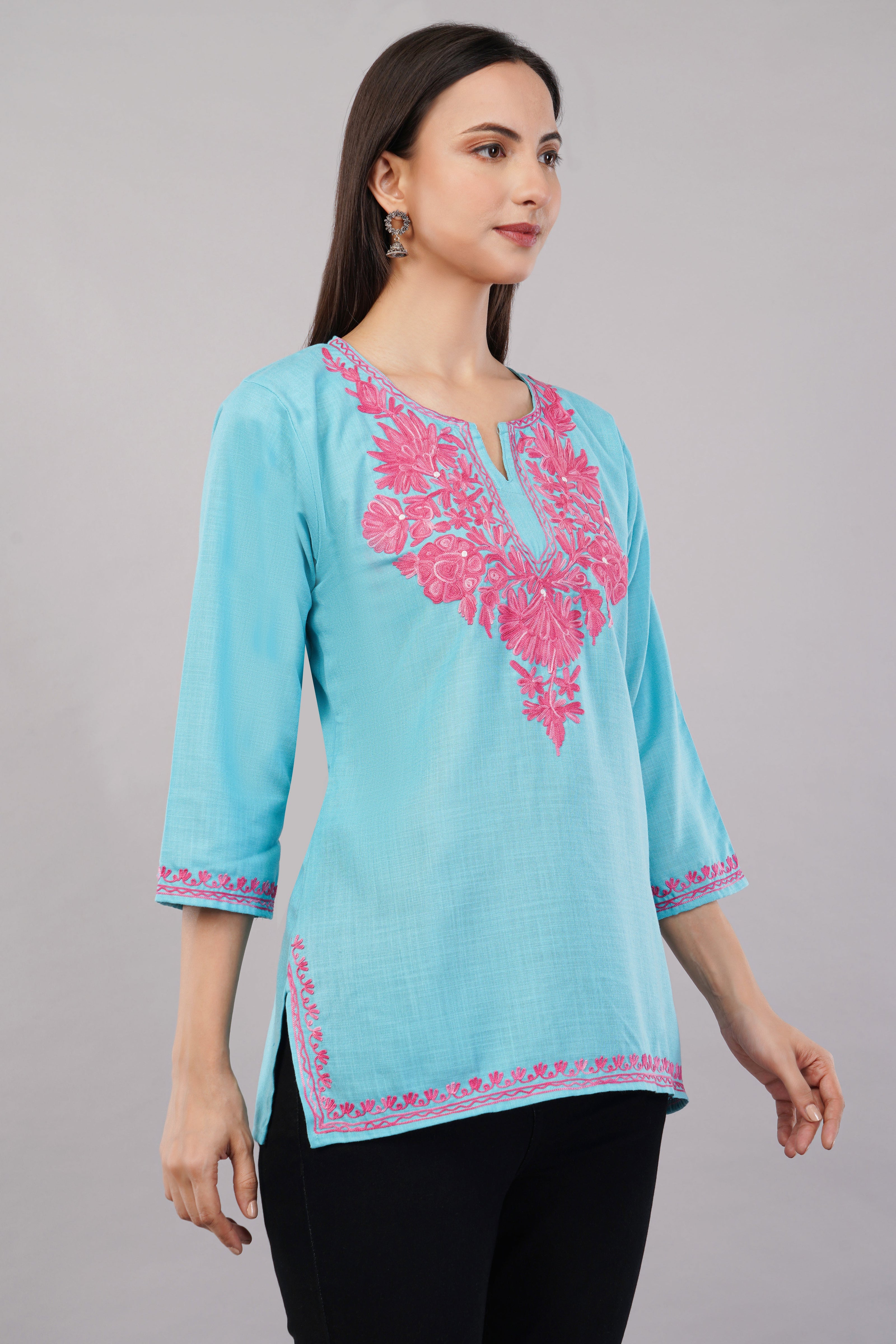 Firoza Charm Kashmiri Kurti with Blush Pink Aari